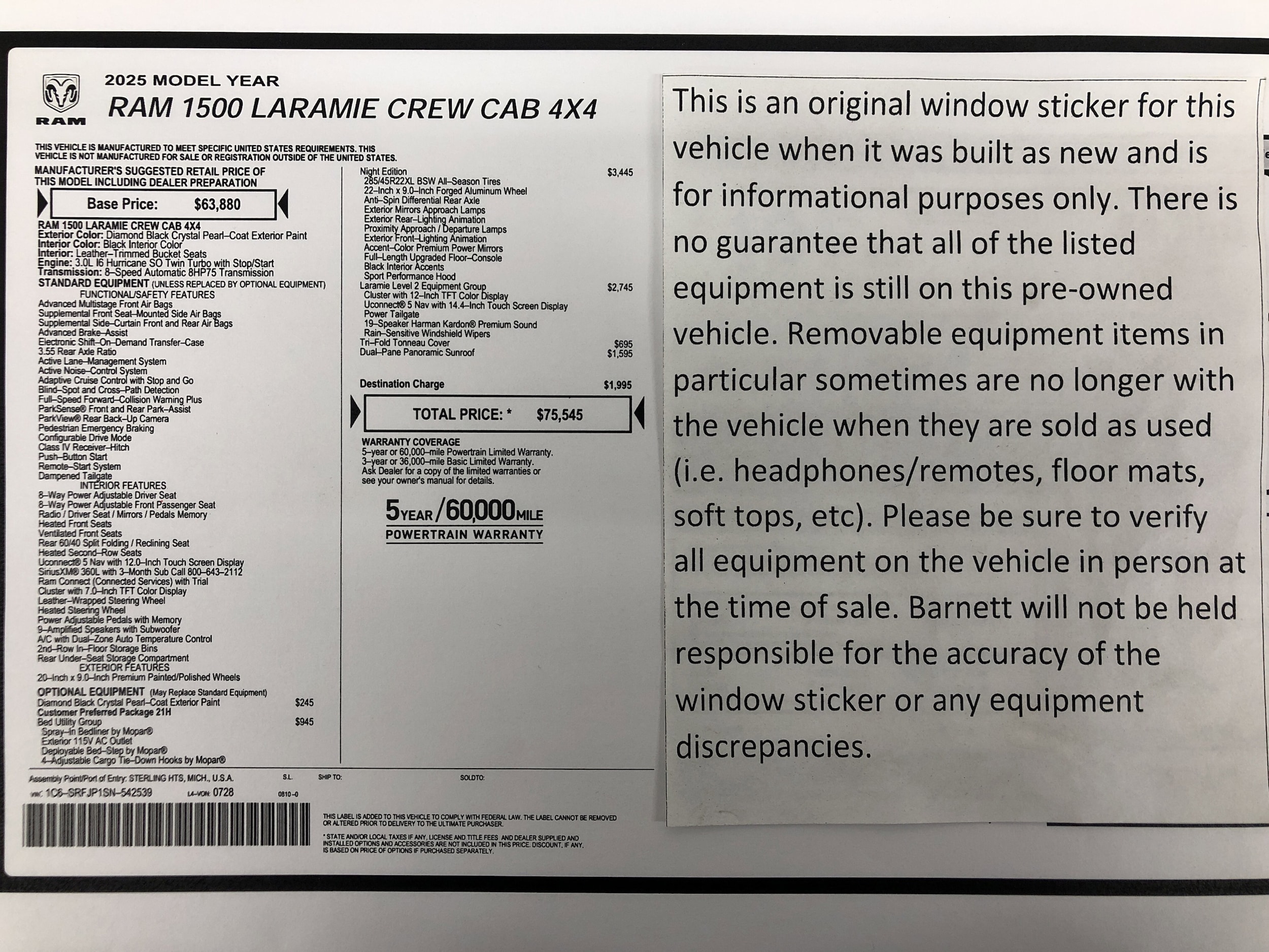 Certified 2025 RAM Ram 1500 Pickup Laramie with VIN 1C6SRFJP1SN542539 for sale in White Bear Lake, Minnesota