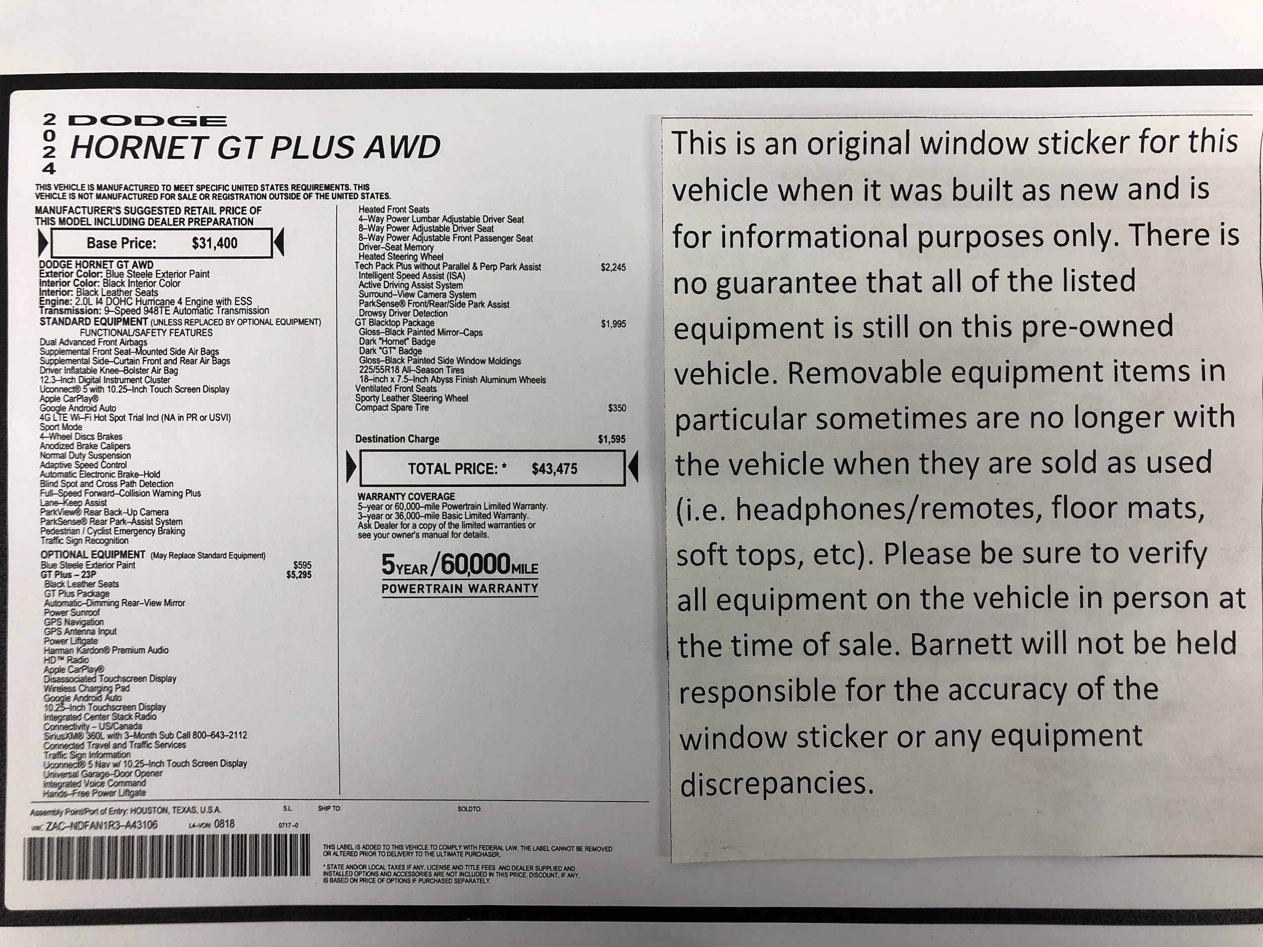 Used 2024 Dodge Hornet GT with VIN ZACNDFAN1R3A43106 for sale in White Bear Township, Minnesota