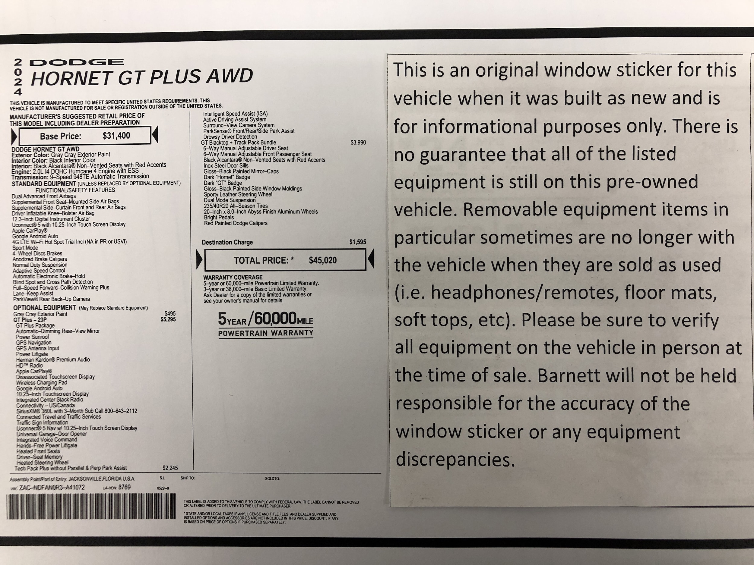 Used 2024 Dodge Hornet GT with VIN ZACNDFAN0R3A41072 for sale in White Bear Lake, Minnesota