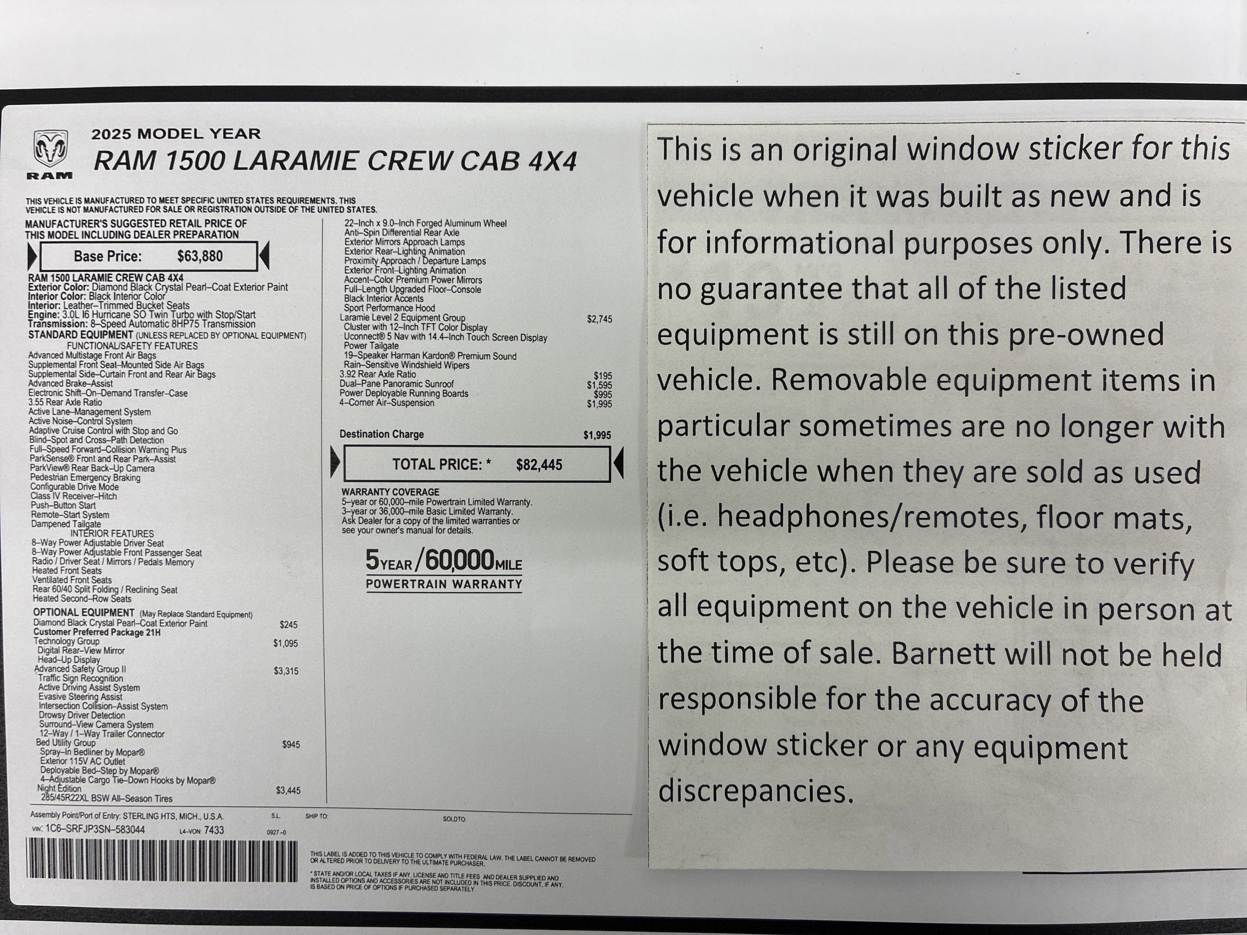 Certified 2025 RAM Ram 1500 Pickup Laramie with VIN 1C6SRFJP3SN583044 for sale in White Bear Lake, Minnesota