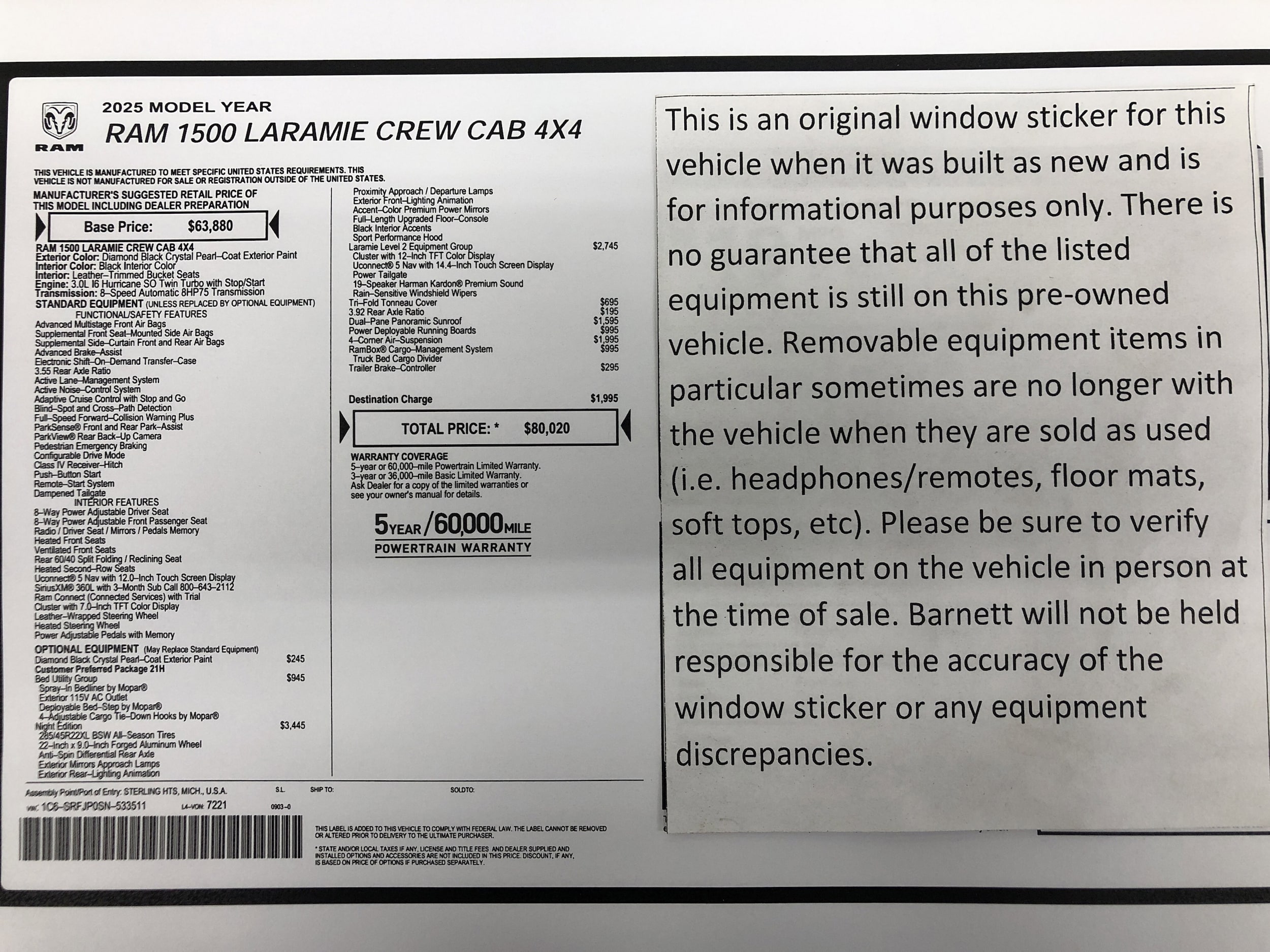 Certified 2025 RAM Ram 1500 Pickup Laramie with VIN 1C6SRFJP0SN533511 for sale in White Bear Lake, Minnesota