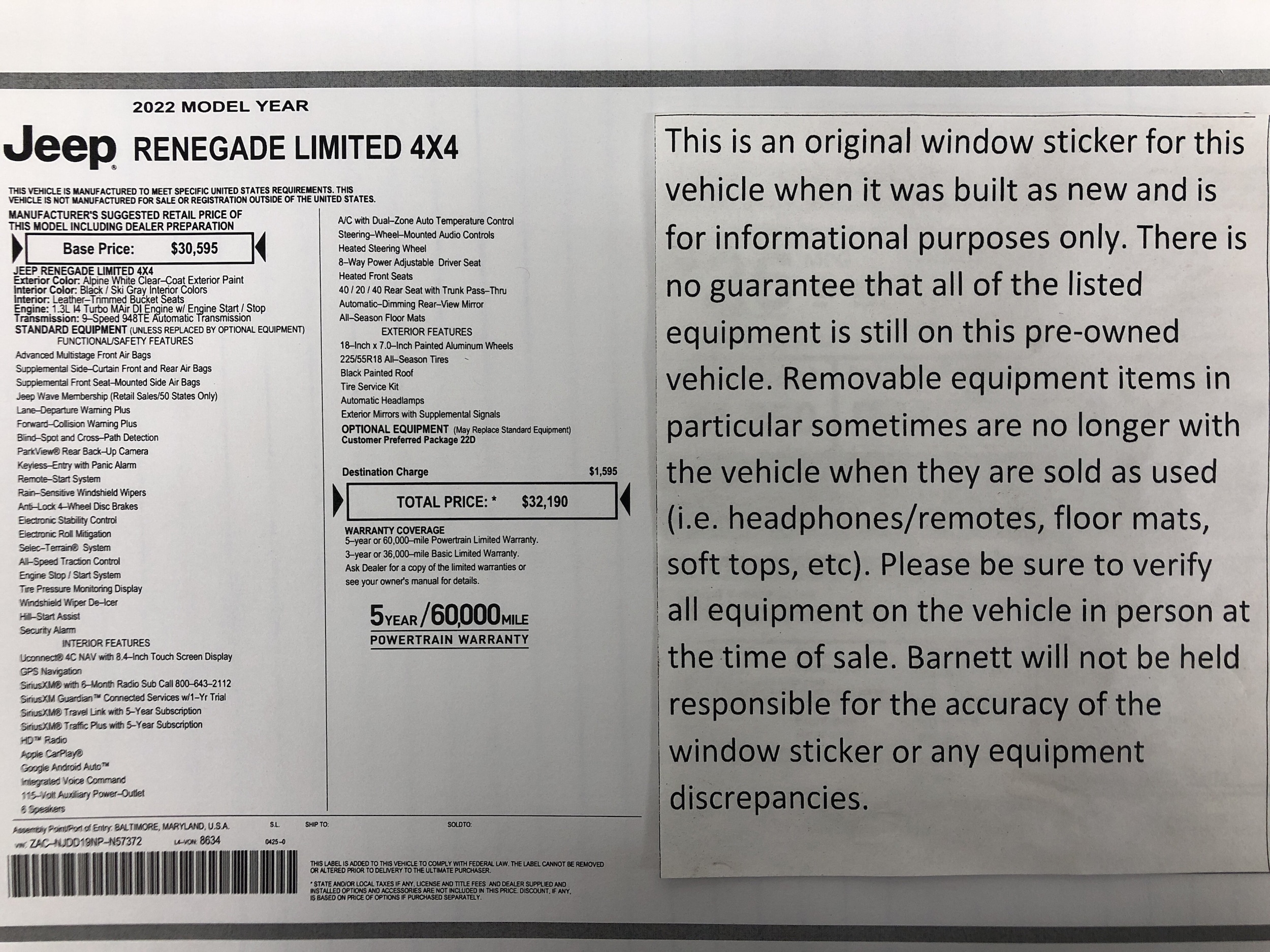 Used 2022 Jeep Renegade Limited with VIN ZACNJDD19NPN57372 for sale in White Bear Township, Minnesota