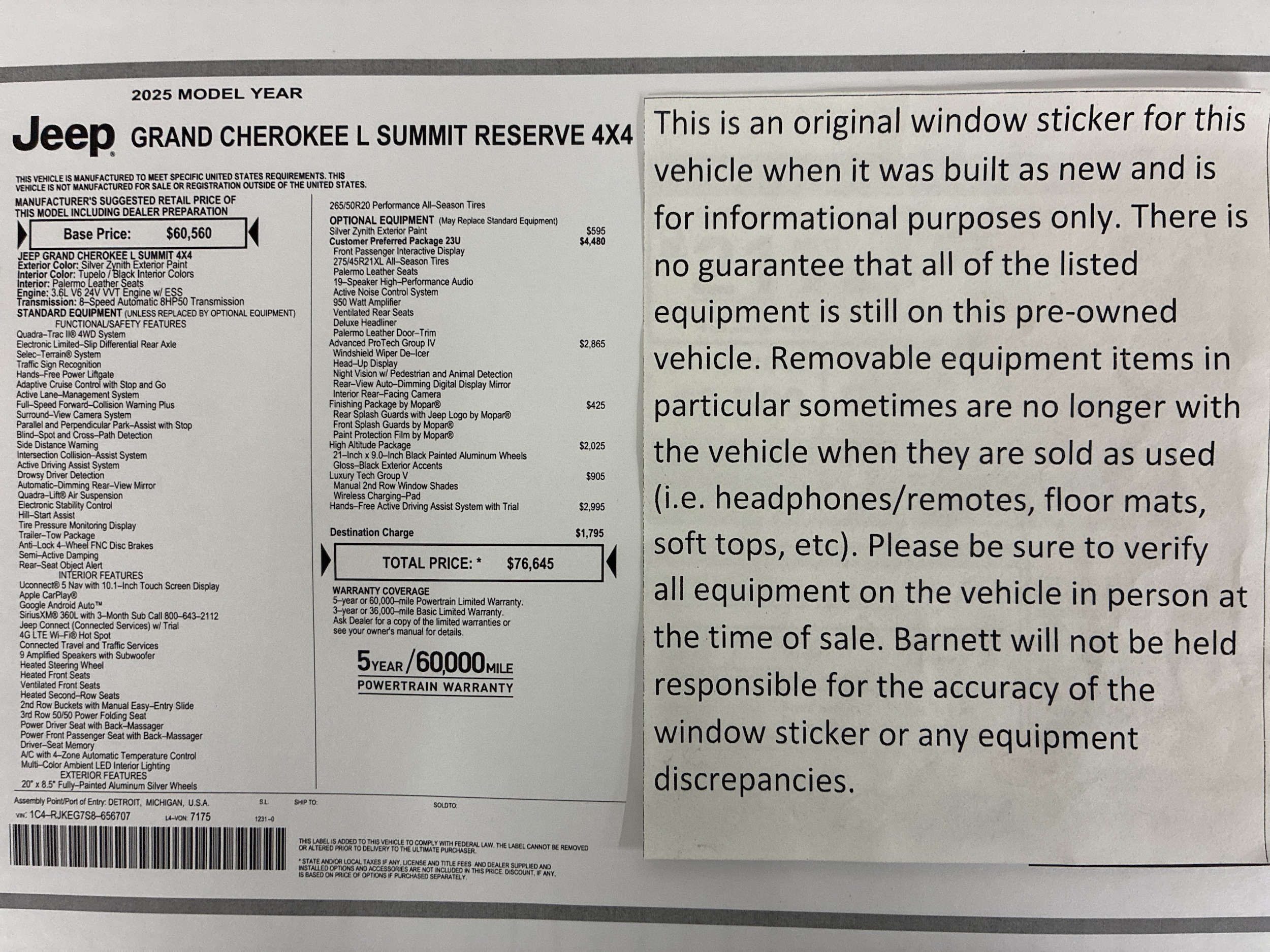 Certified 2025 Jeep Grand Cherokee L Summit Reserve with VIN 1C4RJKEG7S8656707 for sale in White Bear Township, Minnesota