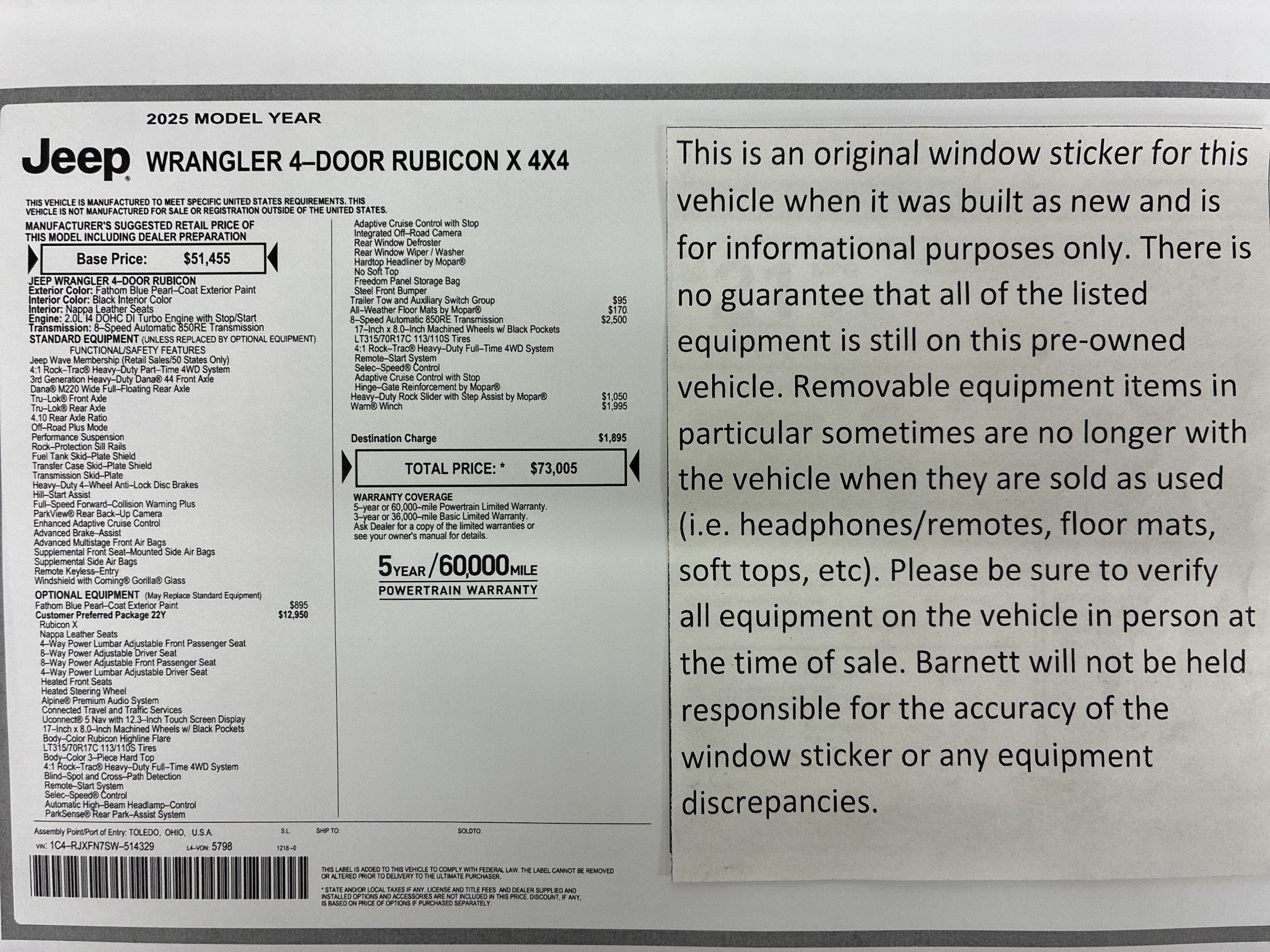 Certified 2025 Jeep Wrangler 4-Door Rubicon X with VIN 1C4RJXFN7SW514329 for sale in White Bear Township, Minnesota
