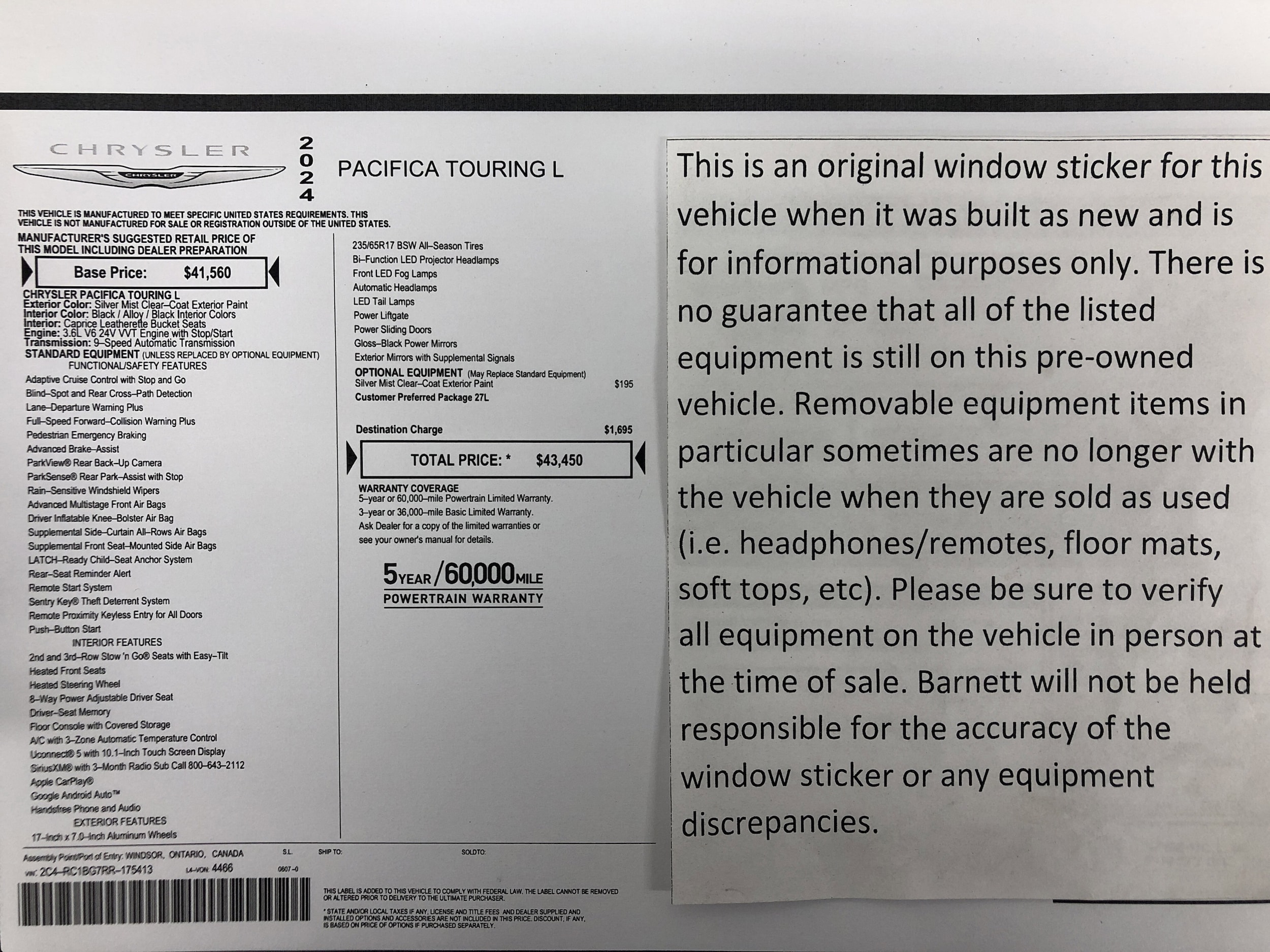 Certified 2024 Chrysler Pacifica Touring L with VIN 2C4RC1BG7RR175413 for sale in White Bear Lake, Minnesota
