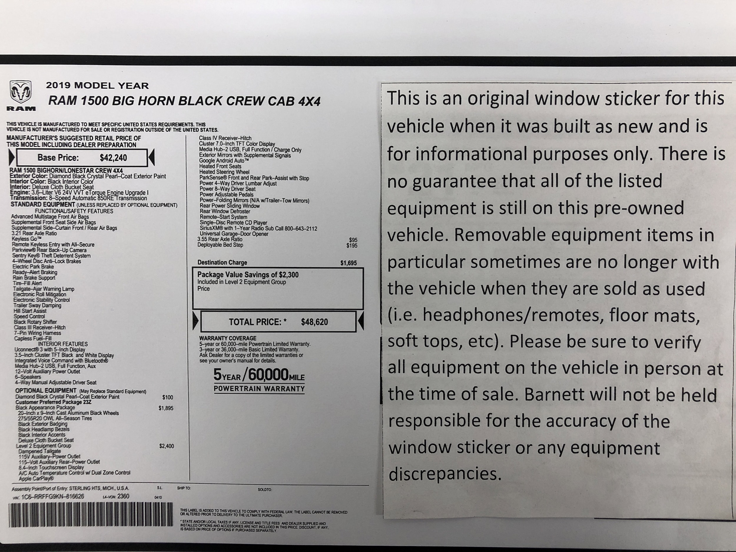Used 2019 RAM Ram 1500 Pickup Big Horn/Lone Star with VIN 1C6RRFFG9KN816626 for sale in White Bear Lake, Minnesota