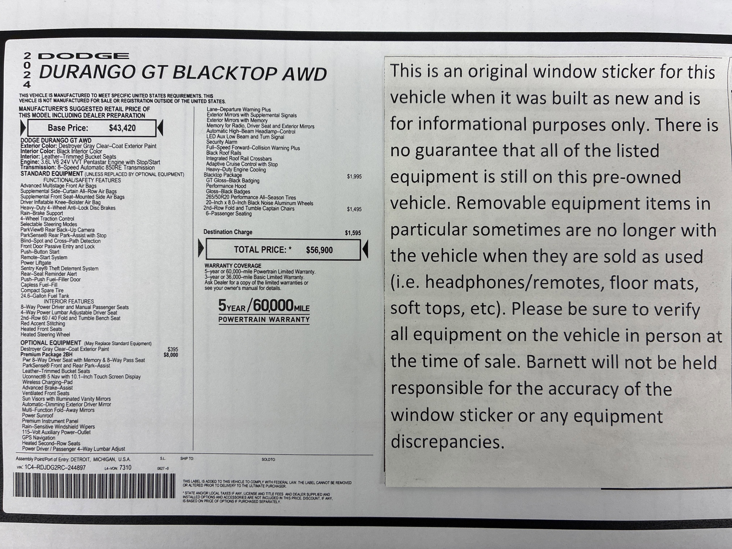 Certified 2024 Dodge Durango GT with VIN 1C4RDJDG2RC244897 for sale in White Bear Lake, Minnesota