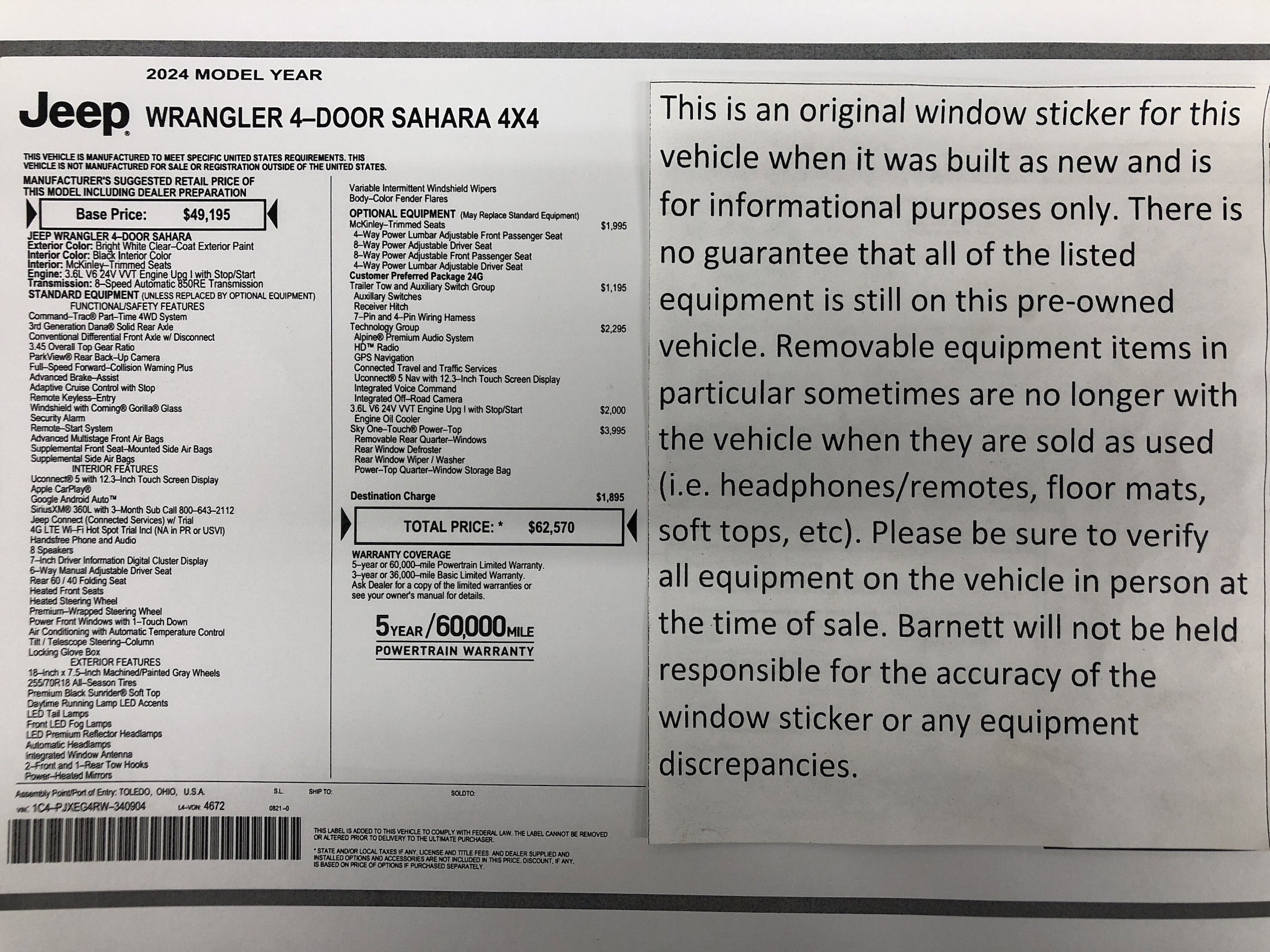 Certified 2024 Jeep Wrangler 4-Door Sahara with VIN 1C4PJXEG4RW340904 for sale in White Bear Lake, Minnesota