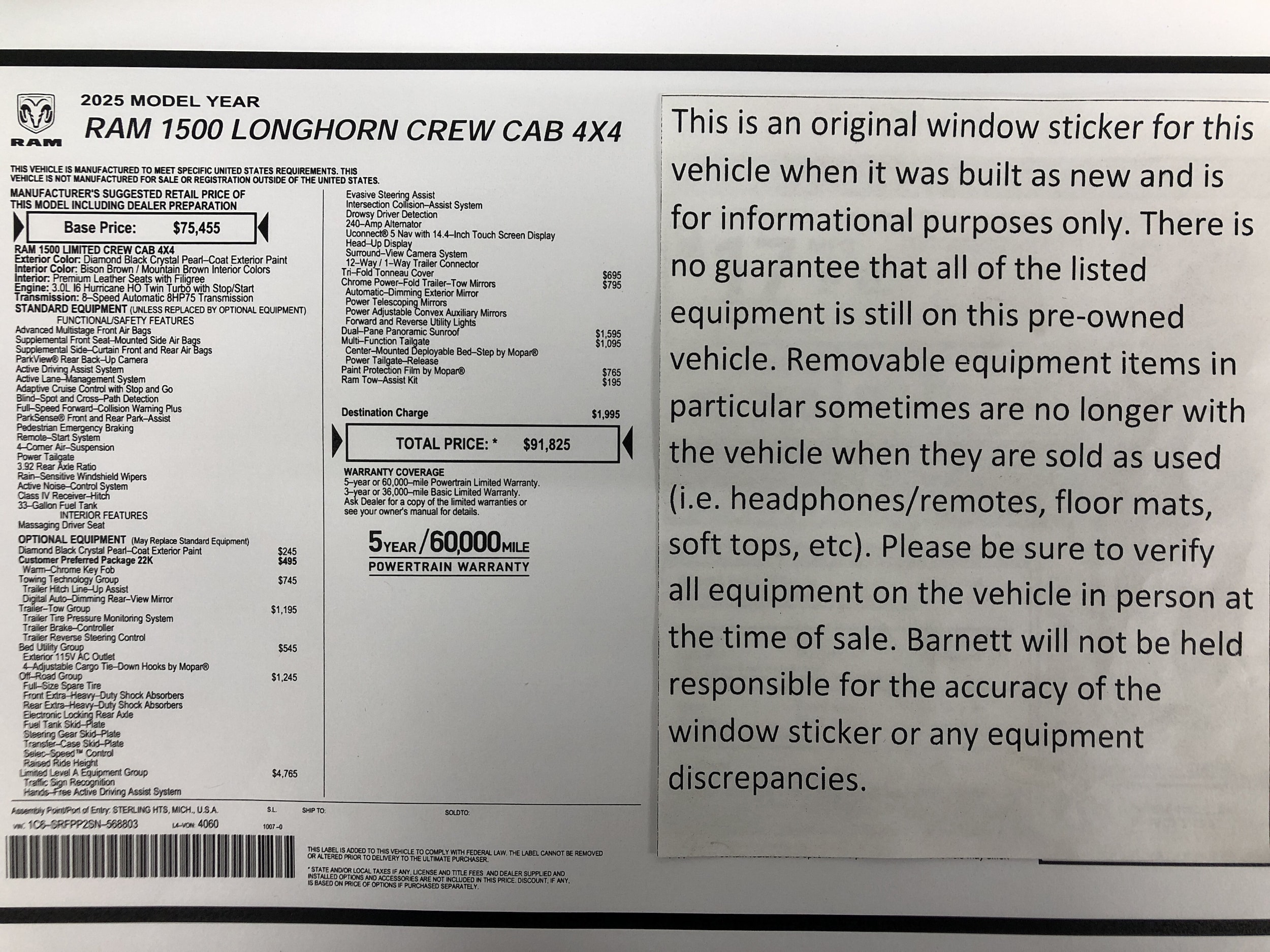 Certified 2025 RAM Ram 1500 Pickup Limited Longhorn with VIN 1C6SRFPP2SN568803 for sale in White Bear Township, Minnesota