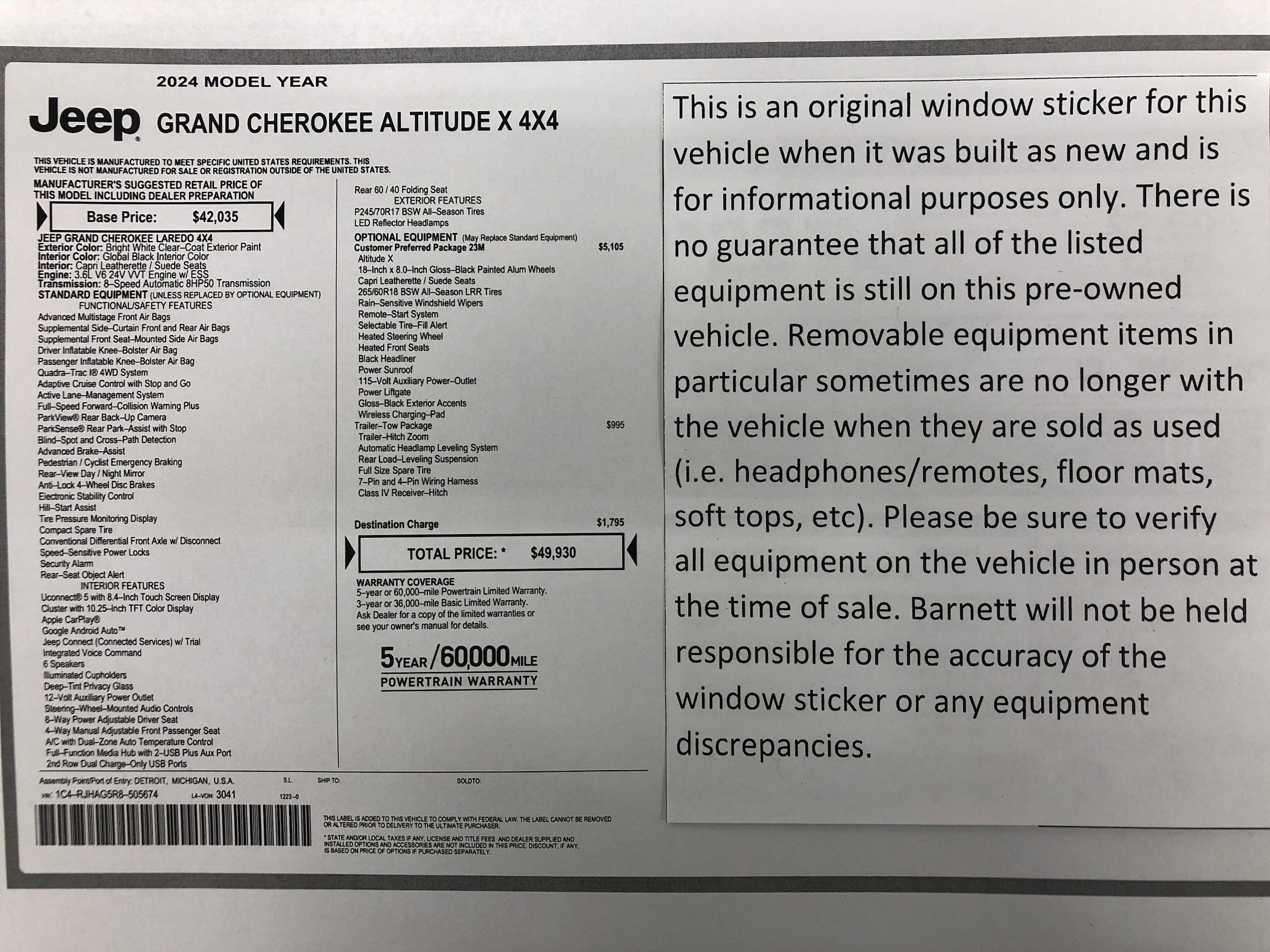 Used 2024 Jeep Grand Cherokee Altitude with VIN 1C4RJHAG5R8505674 for sale in White Bear Lake, Minnesota
