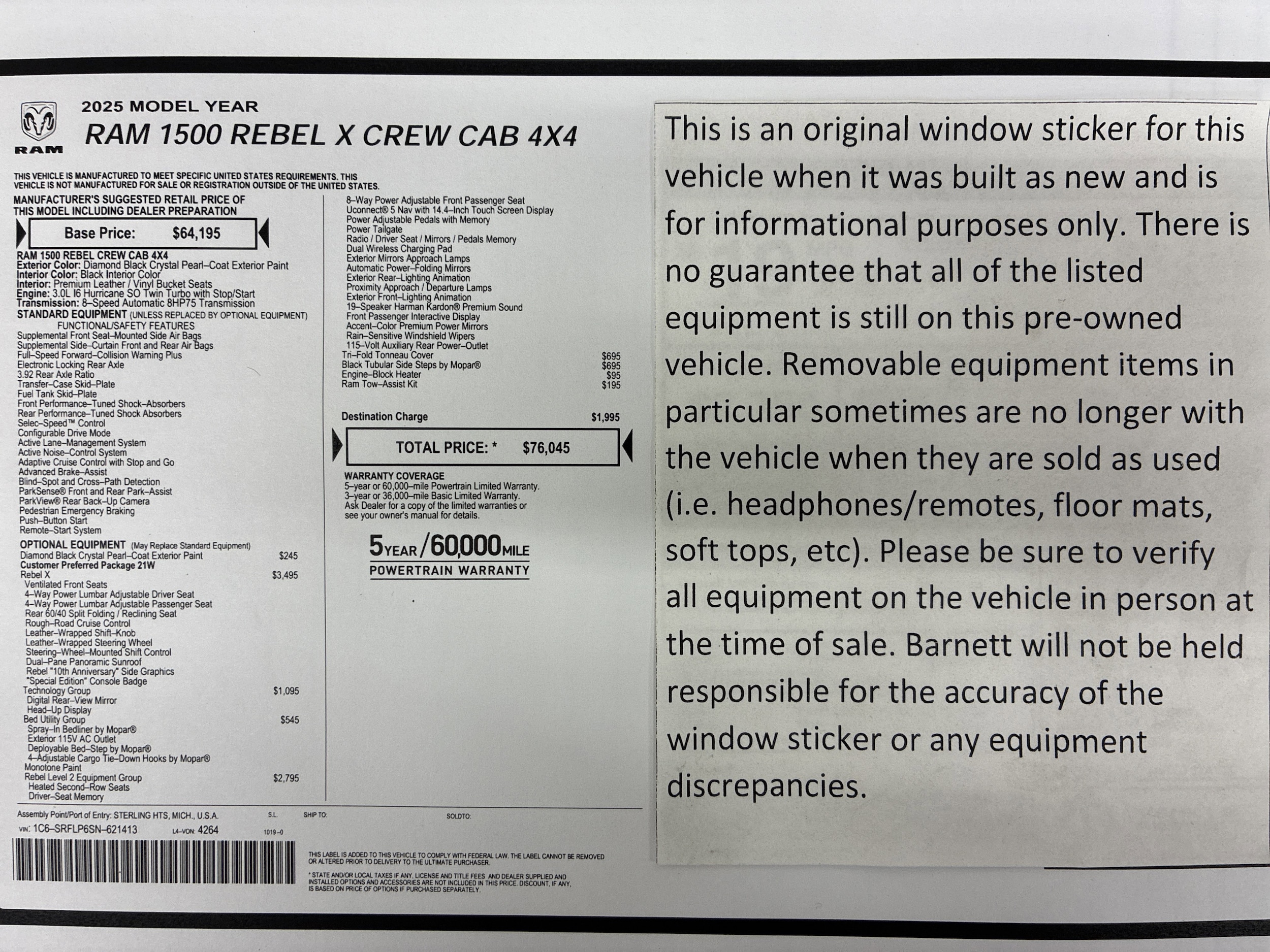Certified 2025 RAM Ram 1500 Pickup Rebel with VIN 1C6SRFLP6SN621413 for sale in White Bear Lake, Minnesota