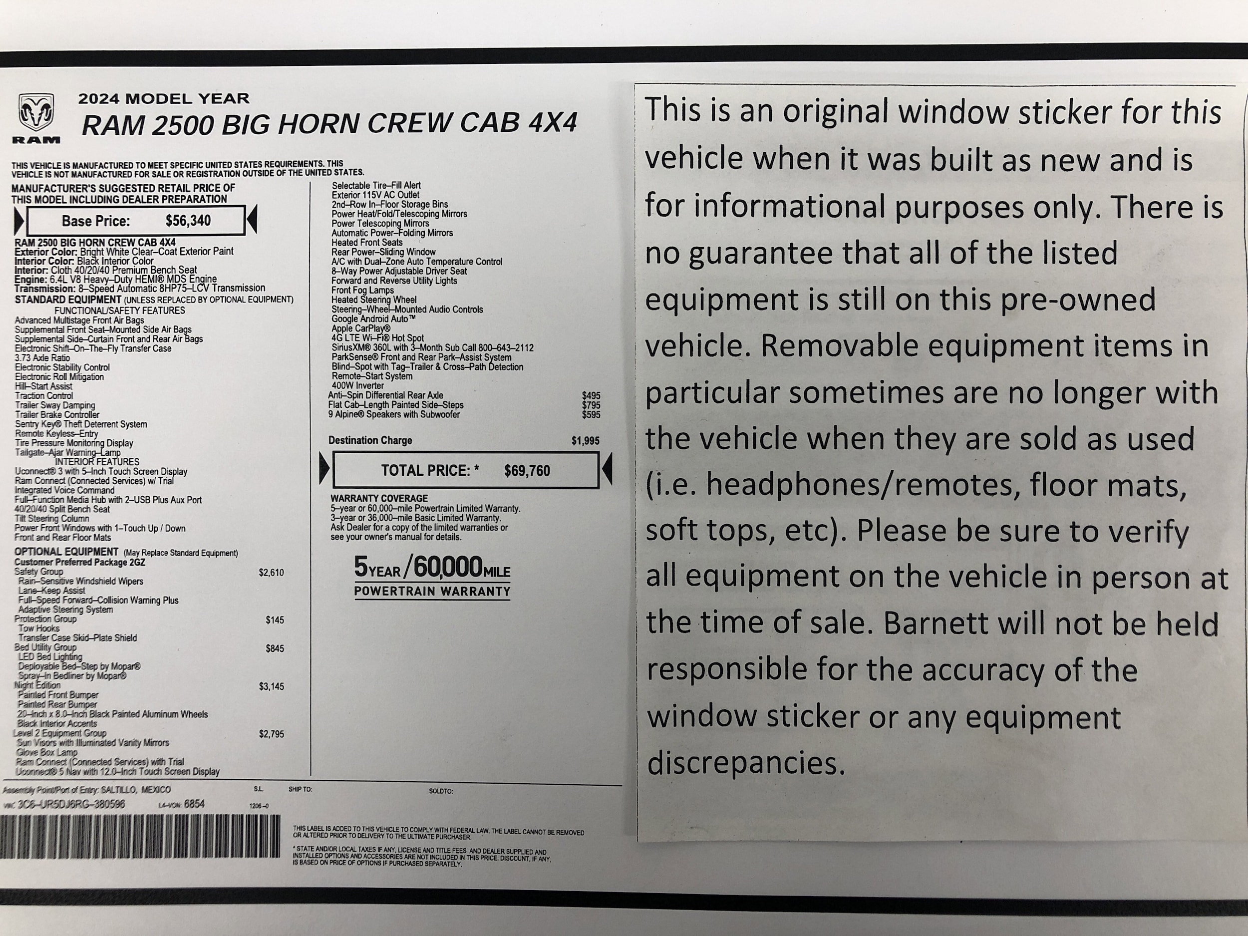 Used 2024 RAM Ram 2500 Pickup Big Horn with VIN 3C6UR5DJ6RG380596 for sale in White Bear Lake, Minnesota