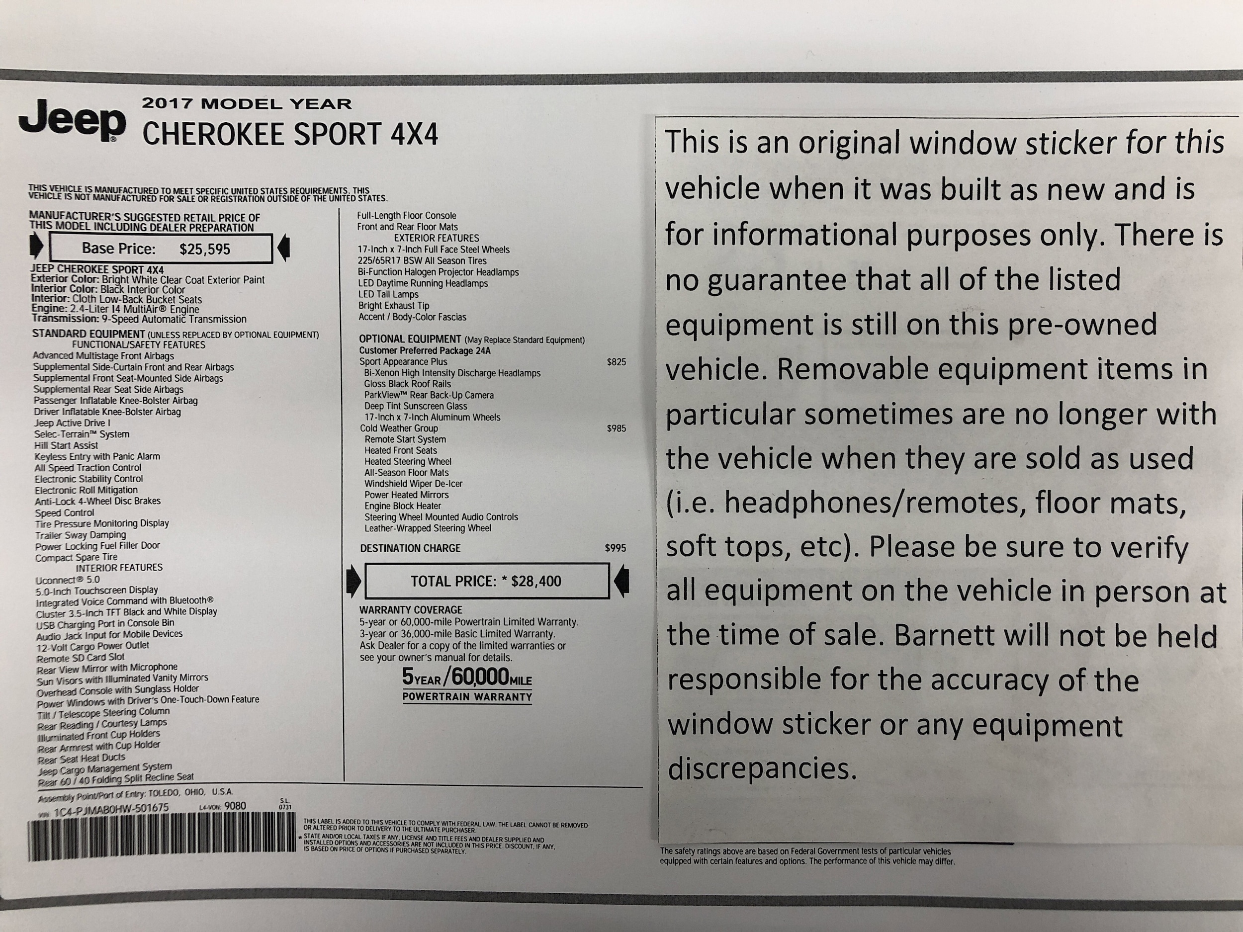 Used 2017 Jeep Cherokee Sport with VIN 1C4PJMAB0HW501675 for sale in White Bear Lake, Minnesota