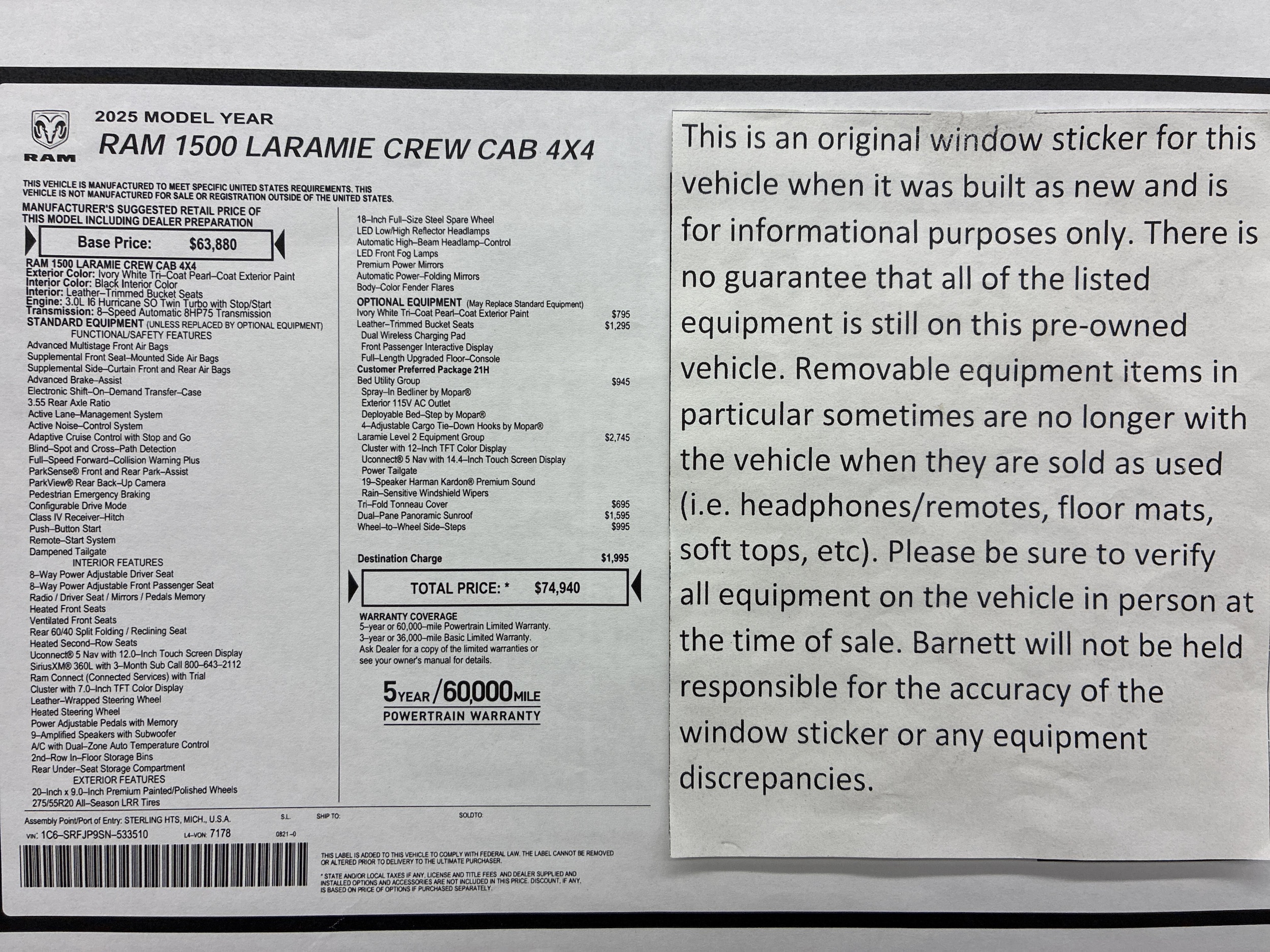 Certified 2025 RAM Ram 1500 Pickup Laramie with VIN 1C6SRFJP9SN533510 for sale in White Bear Township, Minnesota