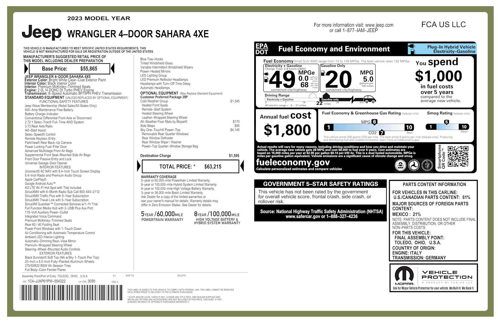 Used 2023 Jeep Wrangler 4xe Sahara 4XE with VIN 1C4JJXP61PW554322 for sale in Niagara Falls, NY