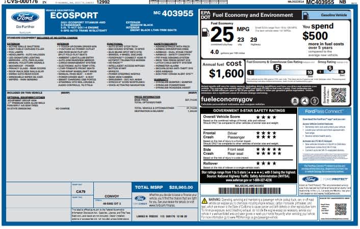Used 2021 Ford EcoSport Titanium with VIN MAJ6S3KL4MC403955 for sale in Niagara Falls, NY