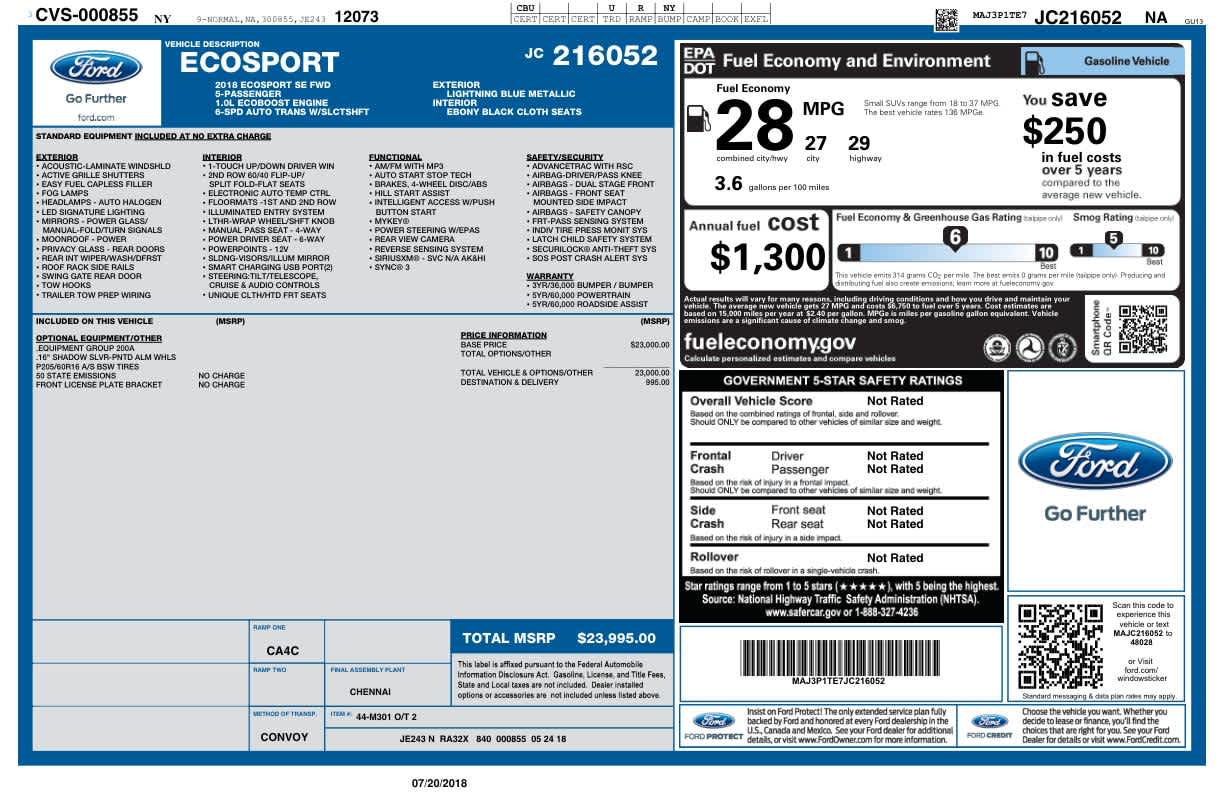 Used 2018 Ford Ecosport SE with VIN MAJ3P1TE7JC216052 for sale in Niagara Falls, NY