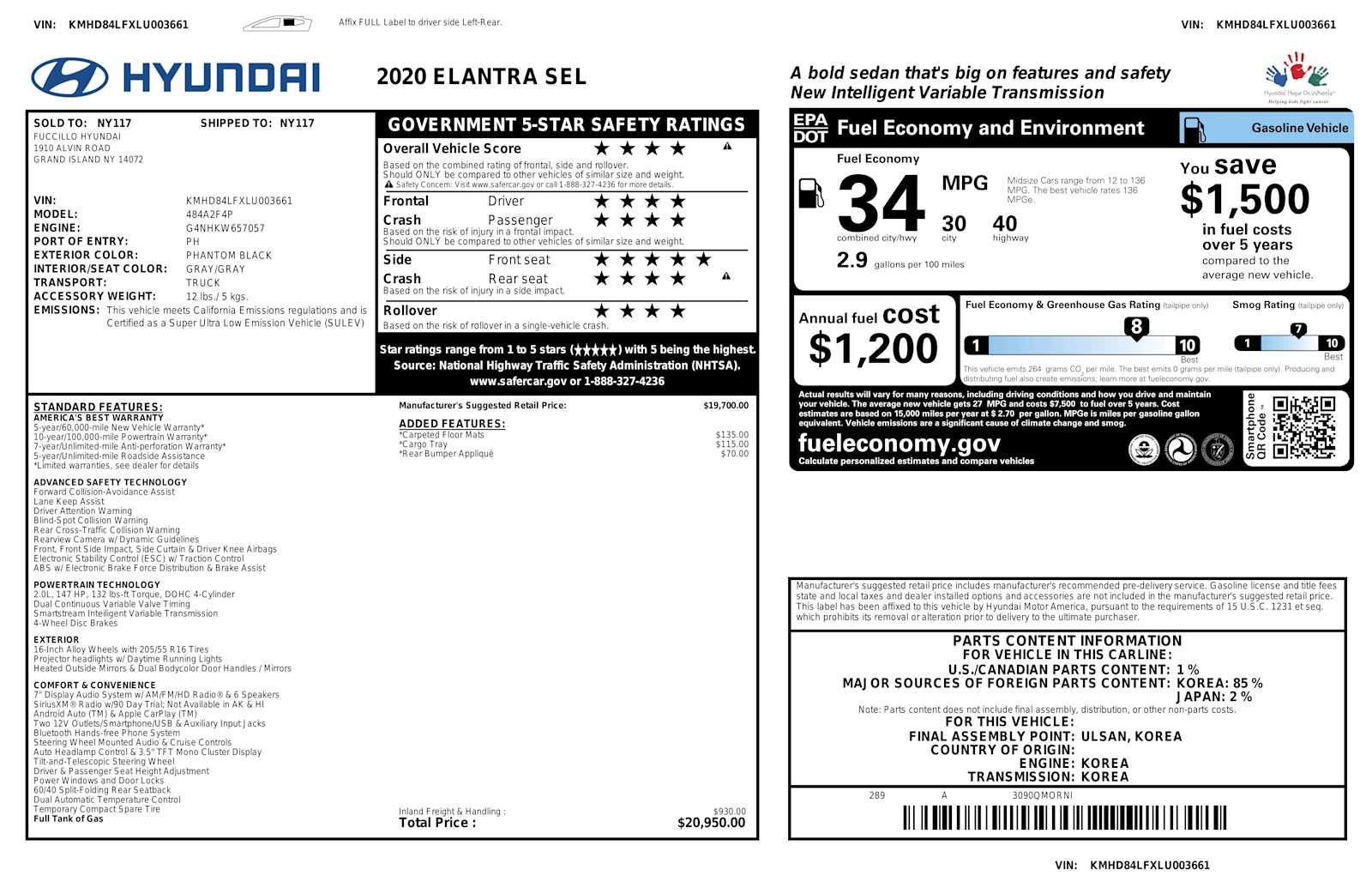 Used 2020 Hyundai Elantra SEL with VIN KMHD84LFXLU003661 for sale in Niagara Falls, NY
