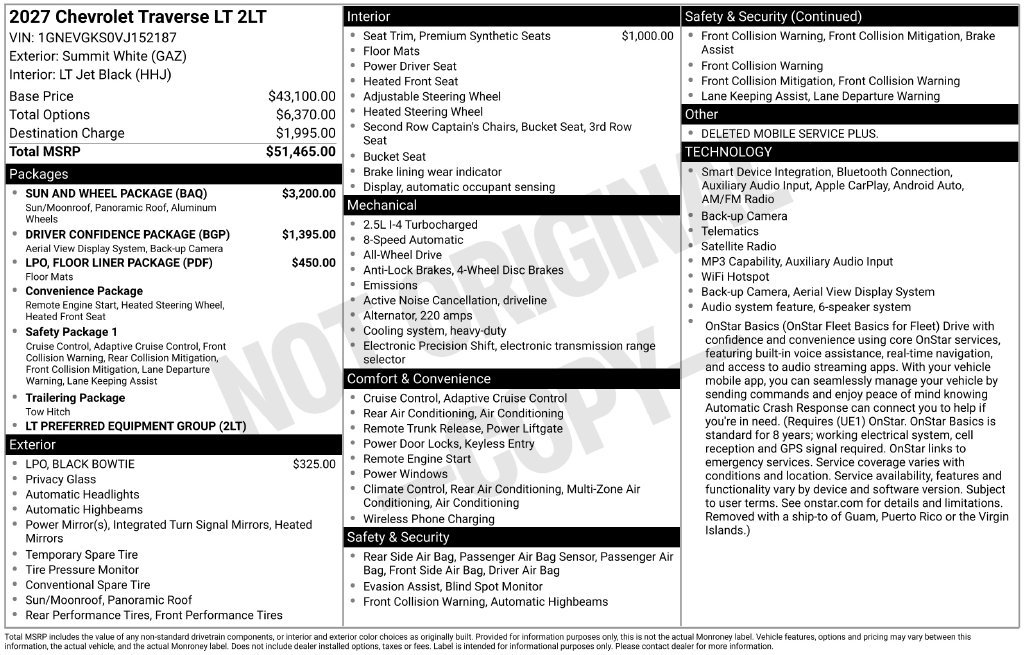 New 2027 Chevrolet Traverse LT SUV