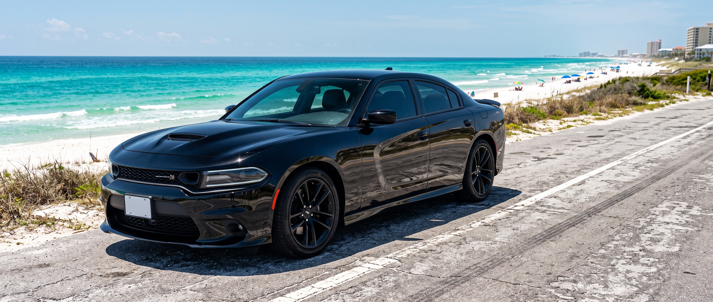 2026 Dodge Charger Scat Pack parked on a coastal Florida road in summer heat near Panama City Beach