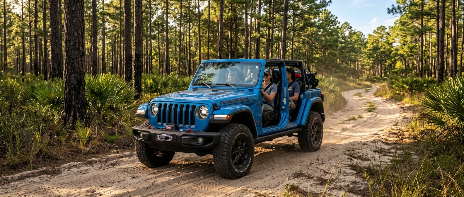 2026 Jeep Wrangler Rubicon on a sandy Florida Panhandle backcountry road in fall light