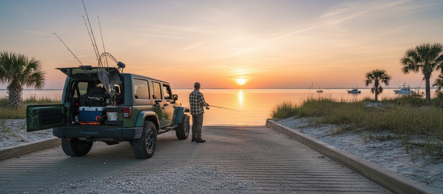 Jeep Wrangler equipped for fishing at St. Andrews Bay boat launch in Birmingham, AL