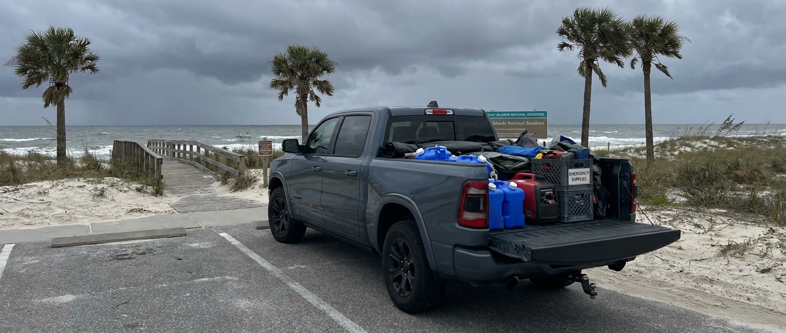 2026 Ram 1500 with tailgate down loaded with hurricane prep supplies in Panama City FL