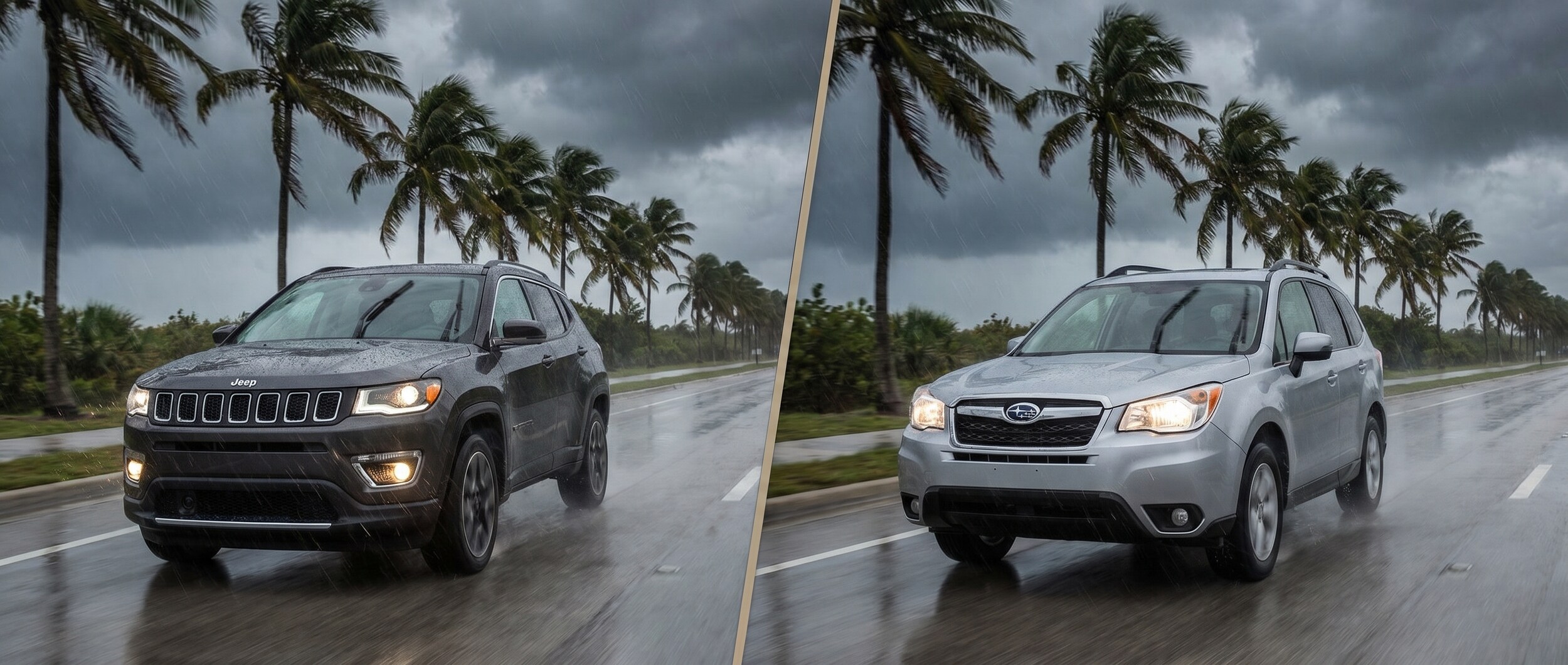 Jeep Compass and Subaru Forester comparison for rainy weather driving in Panama City, FL