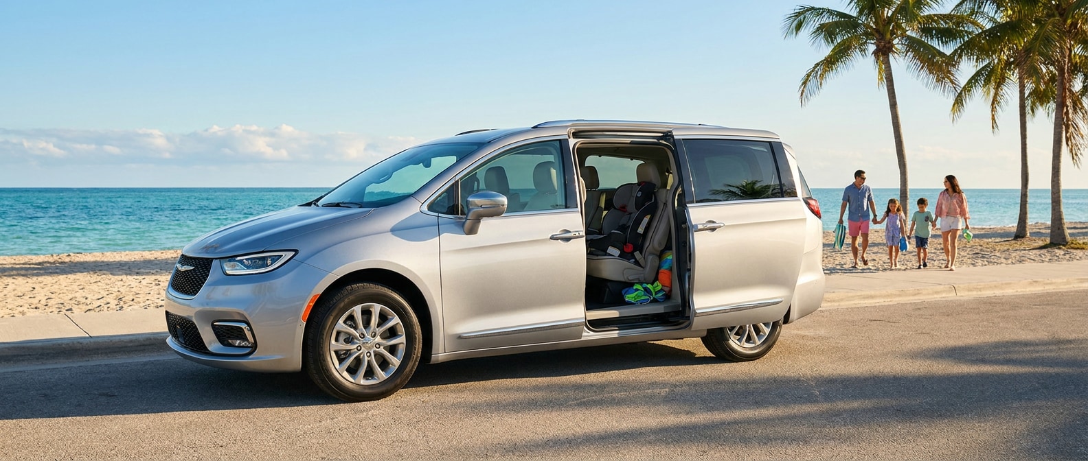 2026 Chrysler Pacifica with sliding doors open on a sunny Panama City, FL road showing three-row family seating