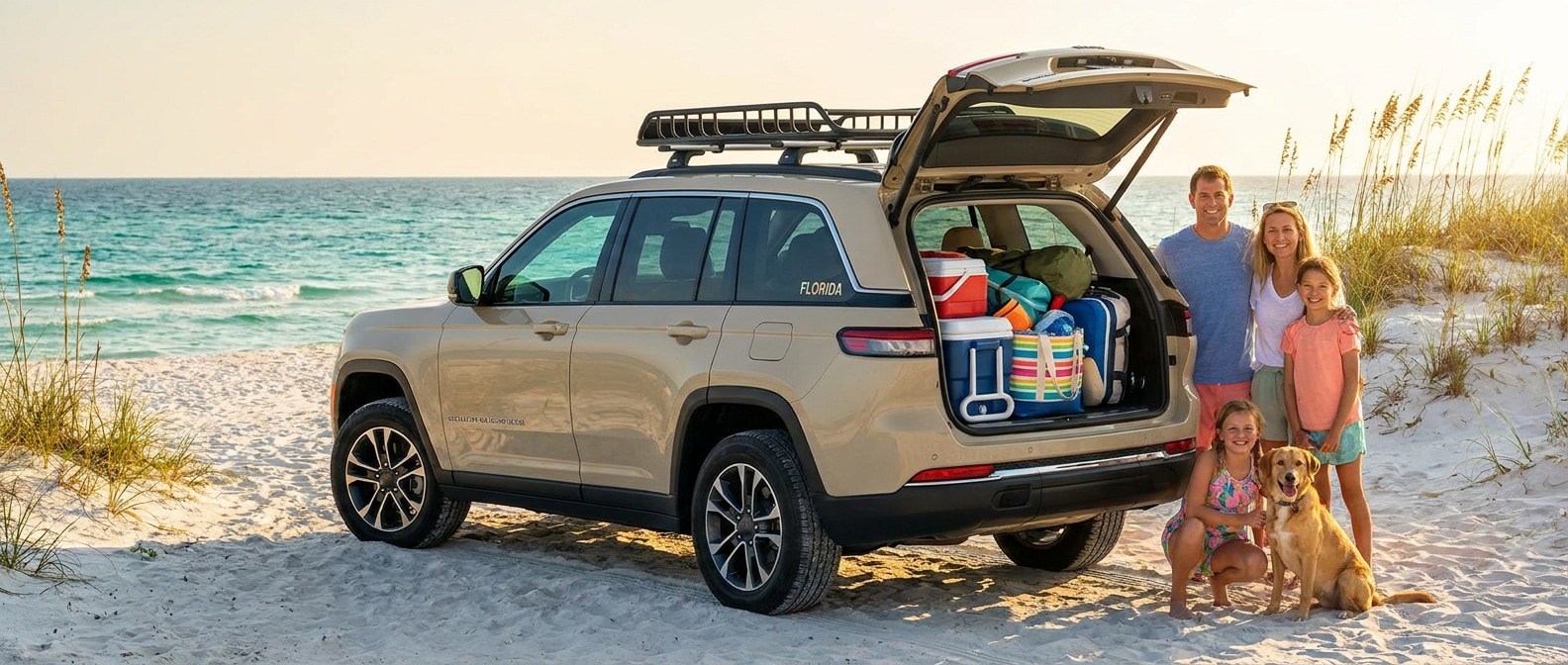 2026 Jeep Grand Cherokee parked near the Gulf of Mexico on a Panama City Beach Panhandle shoreline, Labor Day weekend