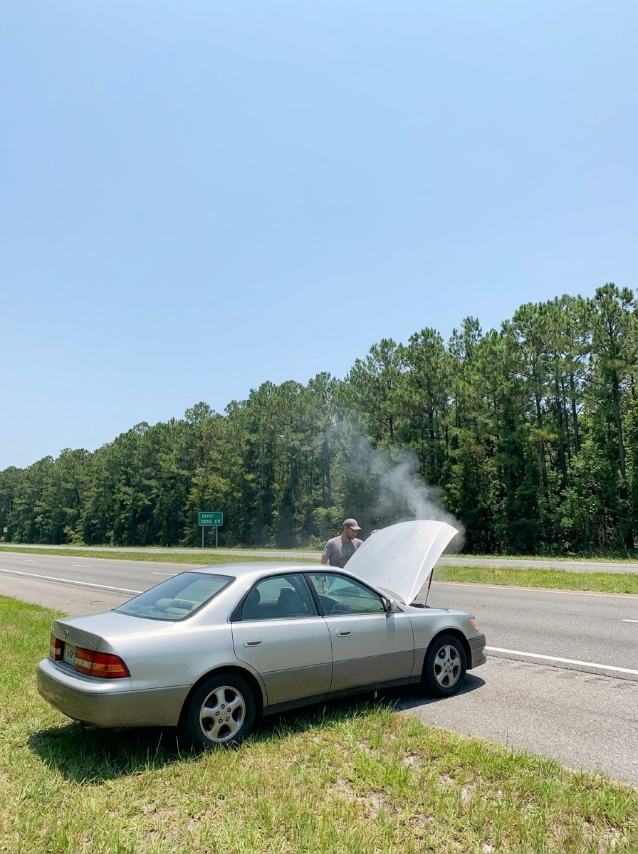 Car pulled over on a Florida highway shoulder with steam rising from the hood on a hot summer day near Panama City