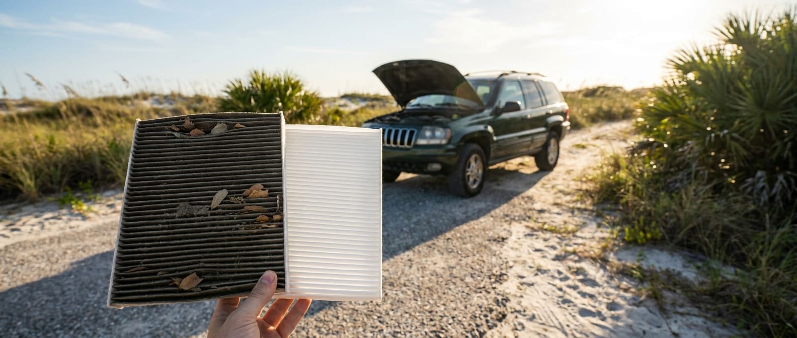 Dirty vs clean cabin air filter comparison at a Panama City, FL dealership service bay