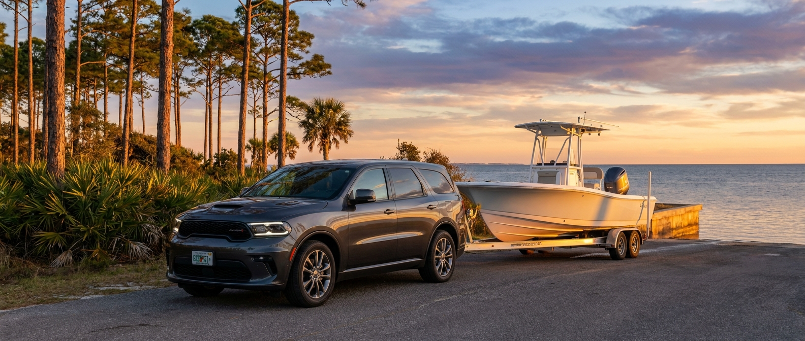 2026 Dodge Durango GT Plus towing a boat trailer near a Bay County Florida boat ramp at sunset