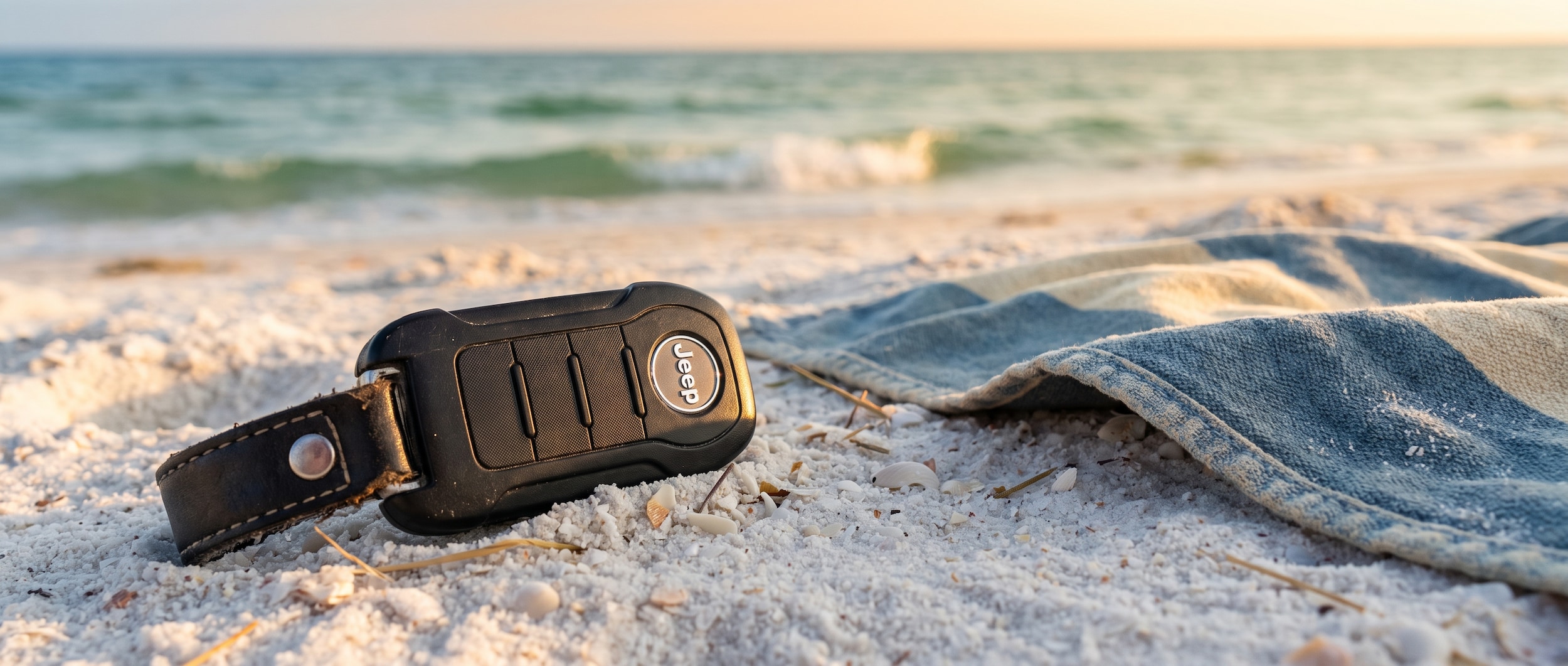 Jeep key fob on Gulf Coast beach sand, Panama City Beach summer 2026