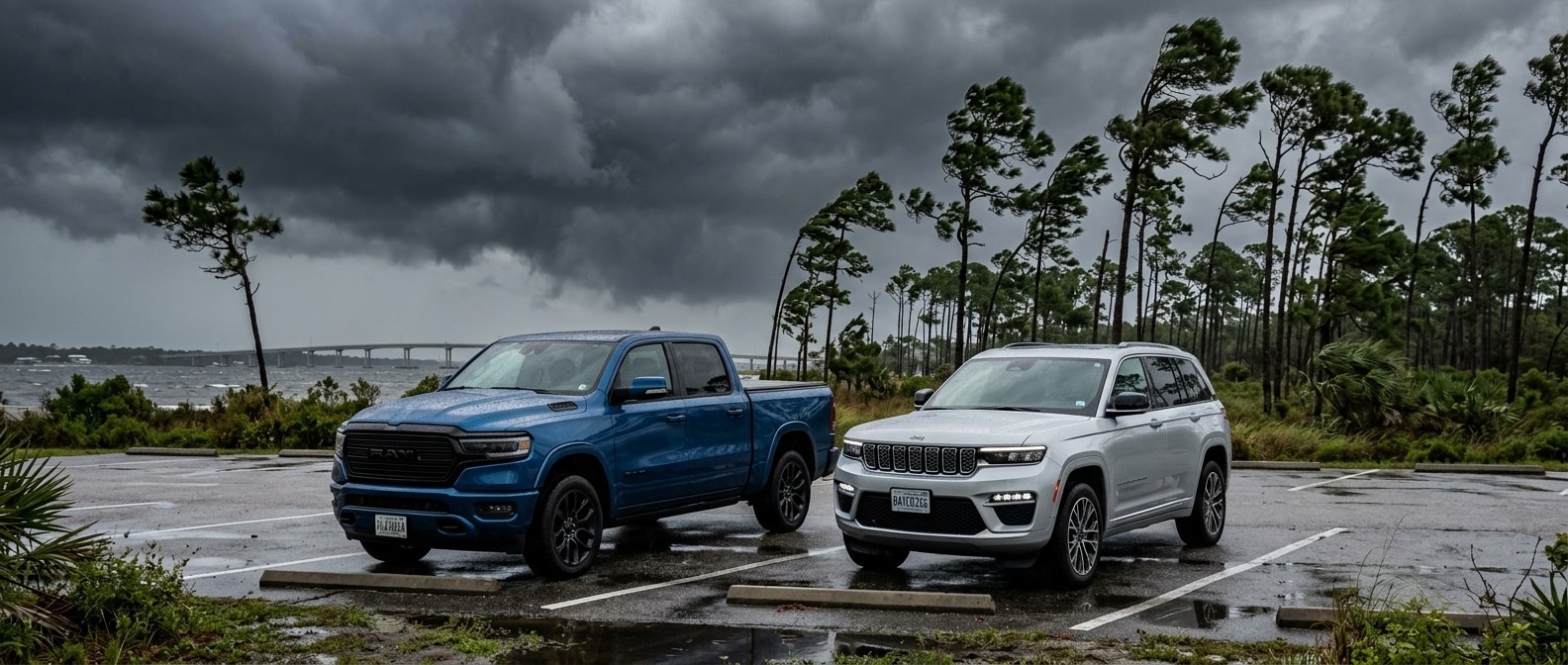 2026 Ram 1500 and 2026 Jeep Grand Cherokee parked during a Bay County Florida storm with dark storm clouds and bending pine trees in the background