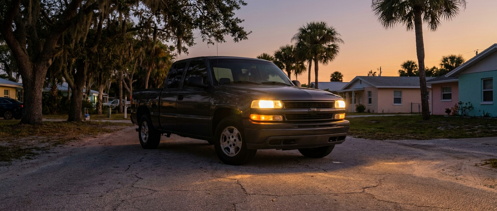 Truck with bright clear headlights on a Gulf Coast Florida road at dusk in October 2026