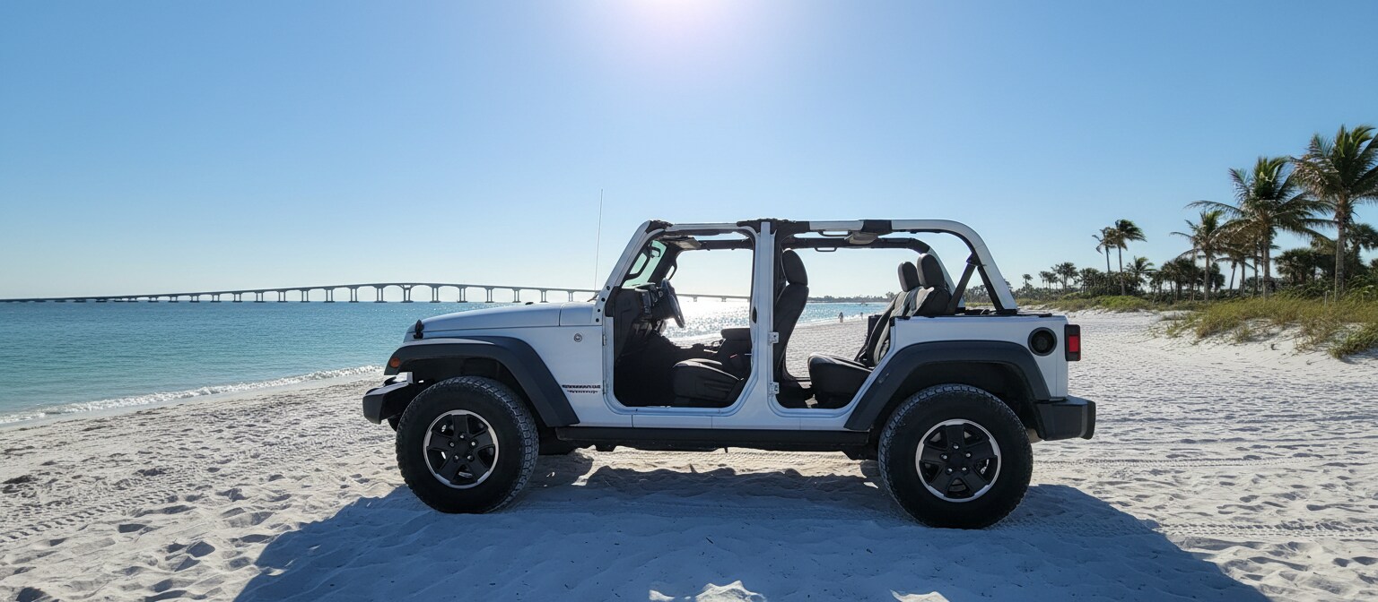 Jeep Wrangler Rubicon airing down tires for sand driving in Panama City.