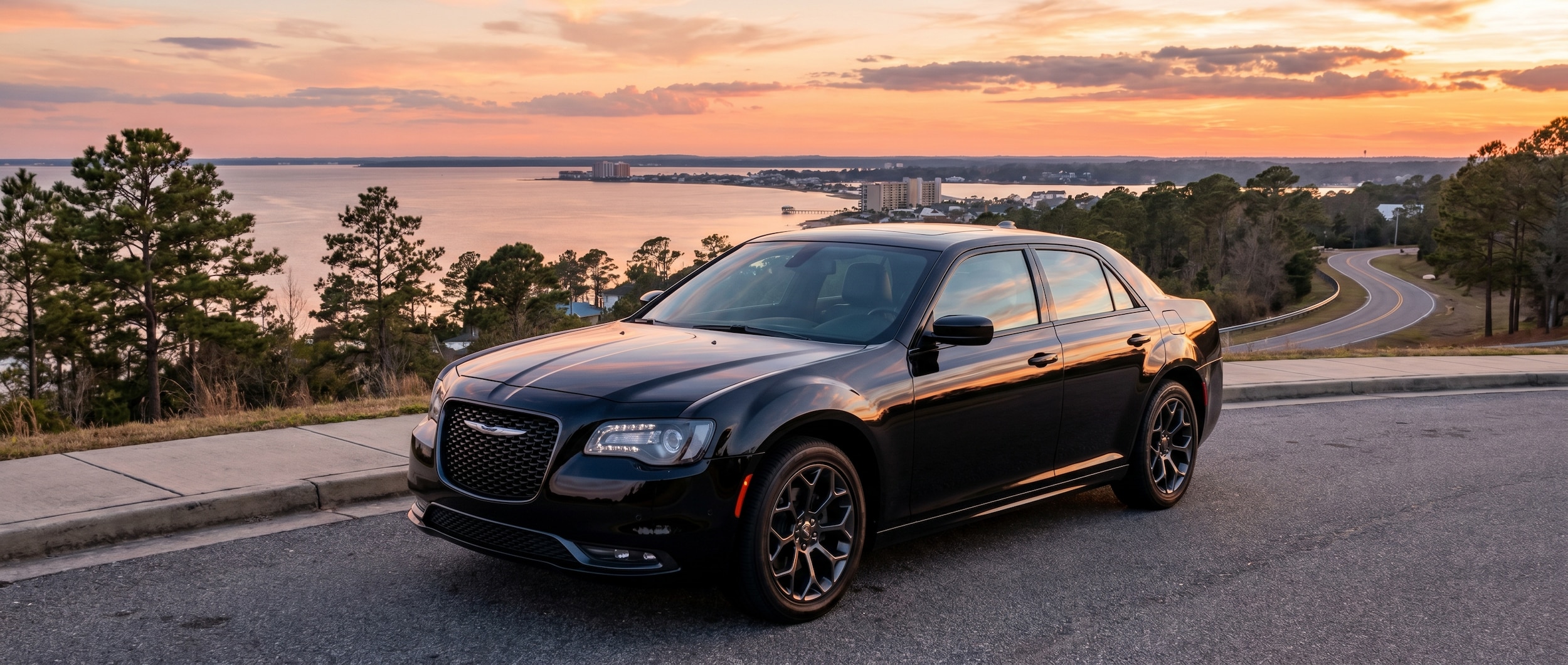 Chrysler 300 at sunset viewpoint near Panama City FL with bay views