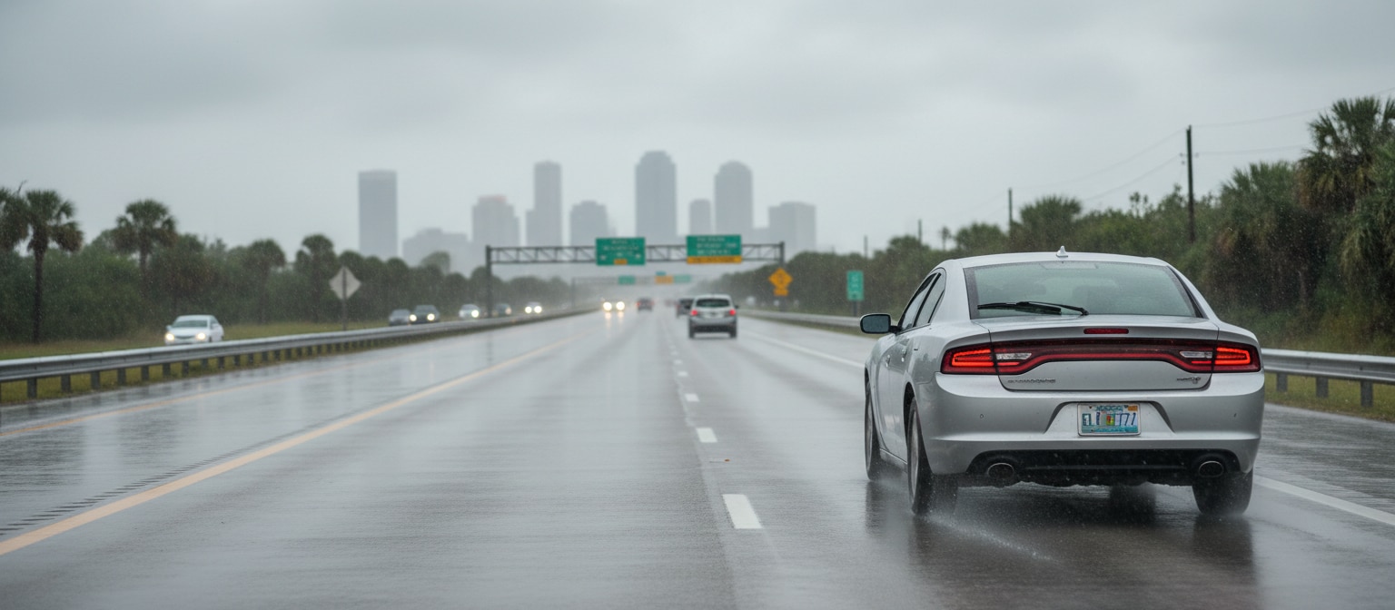 Dodge Charger navigating wet FL-77 highway safely in Birmingham AL