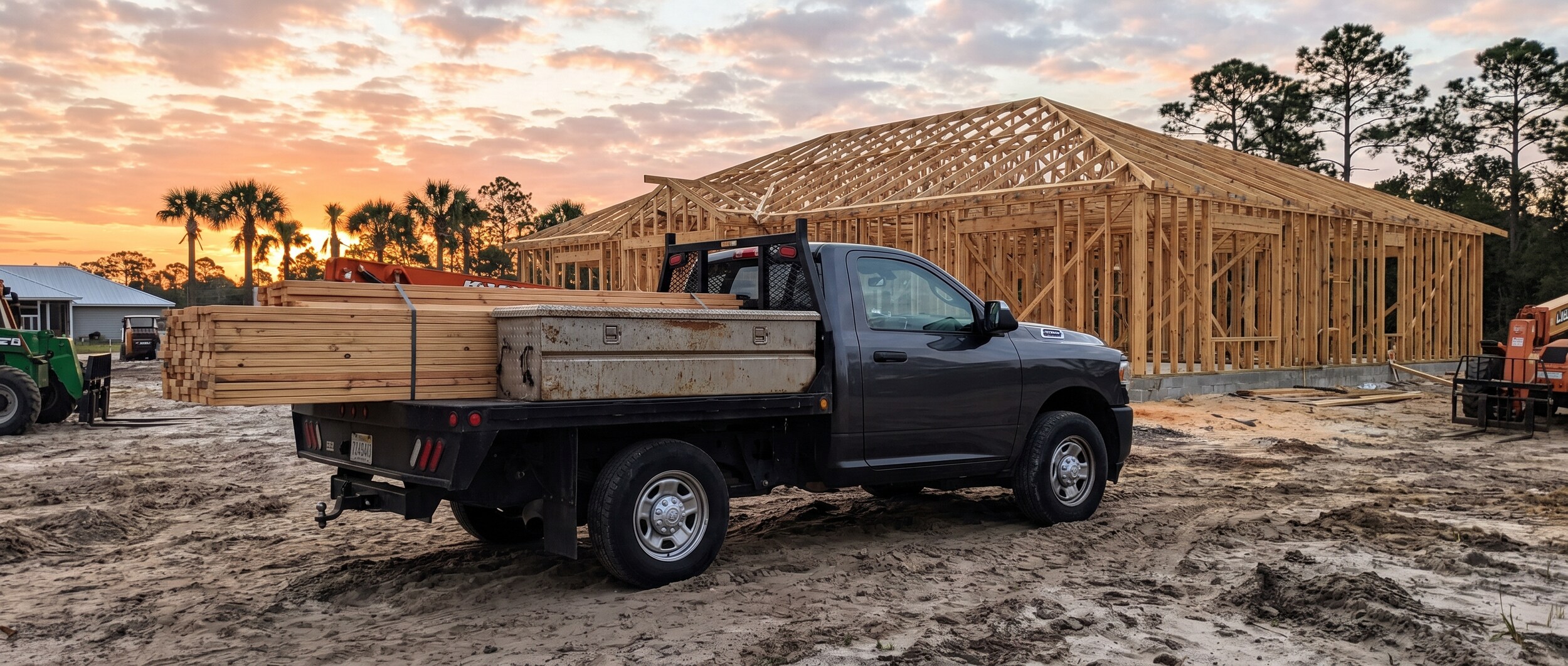 2026 Ram 2500 at a Panama City construction site with lumber in the bed and a Gulf Coast sunrise sky