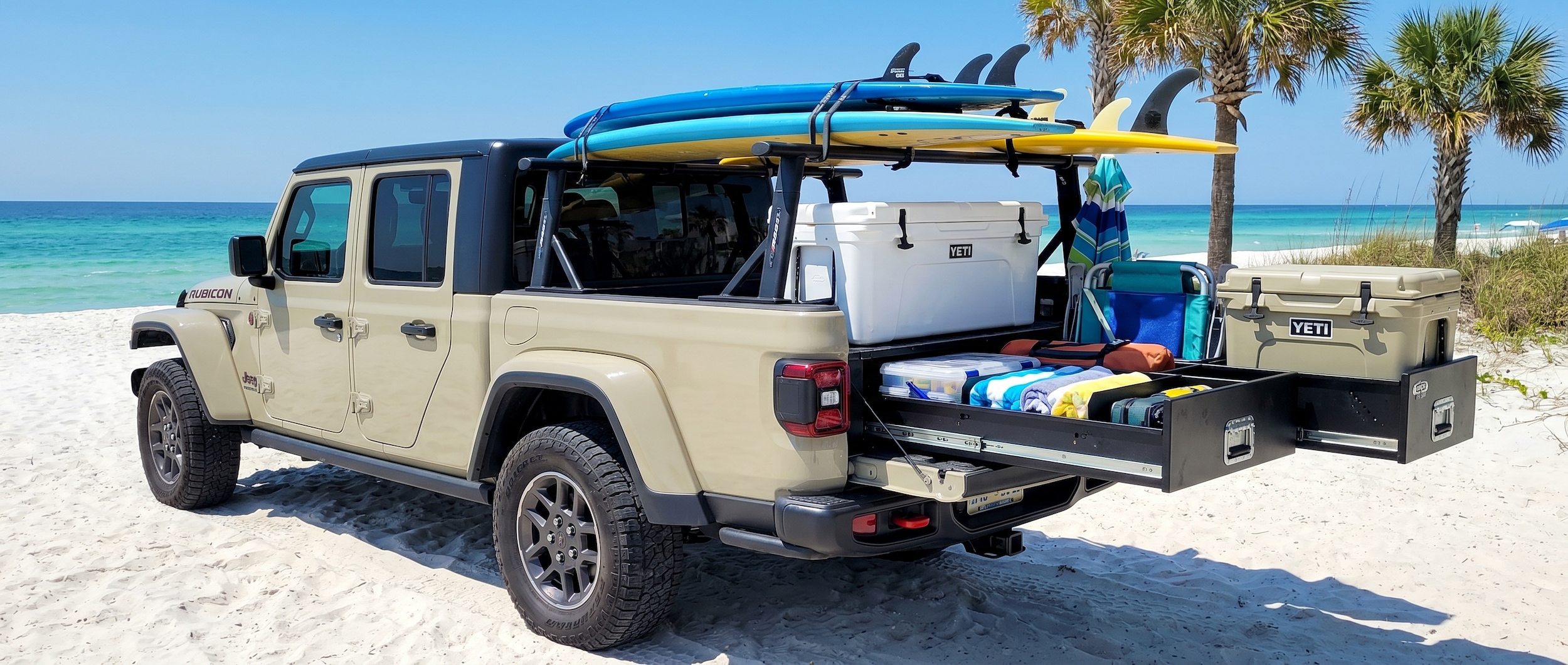Jeep Gladiator bed storage solutions for Panama City FL beach adventures
