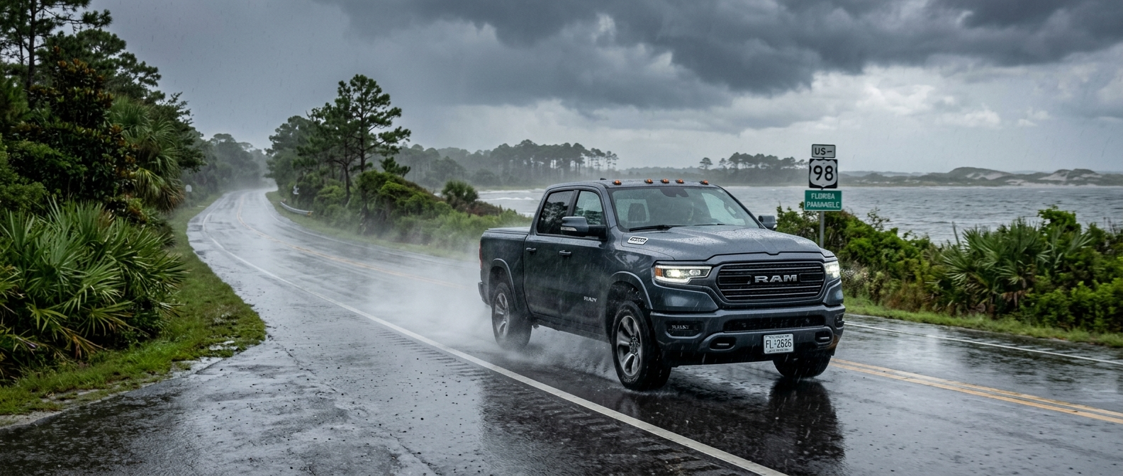 Ram 1500 driving on wet US-98 in Bay County Florida during summer rainstorm with tire spray on flooded road surface
