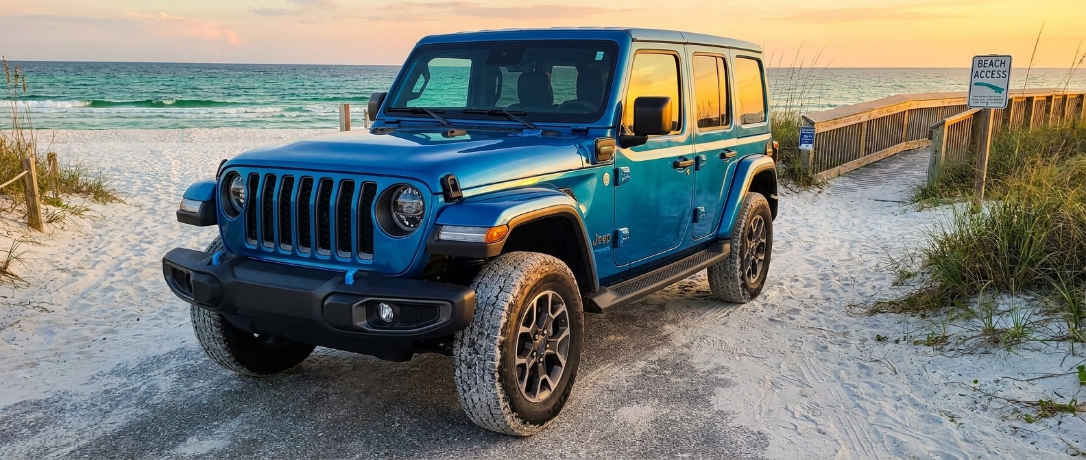 2025 Jeep Wrangler 4xe parked at a Gulf Coast beach access point near Panama City, FL