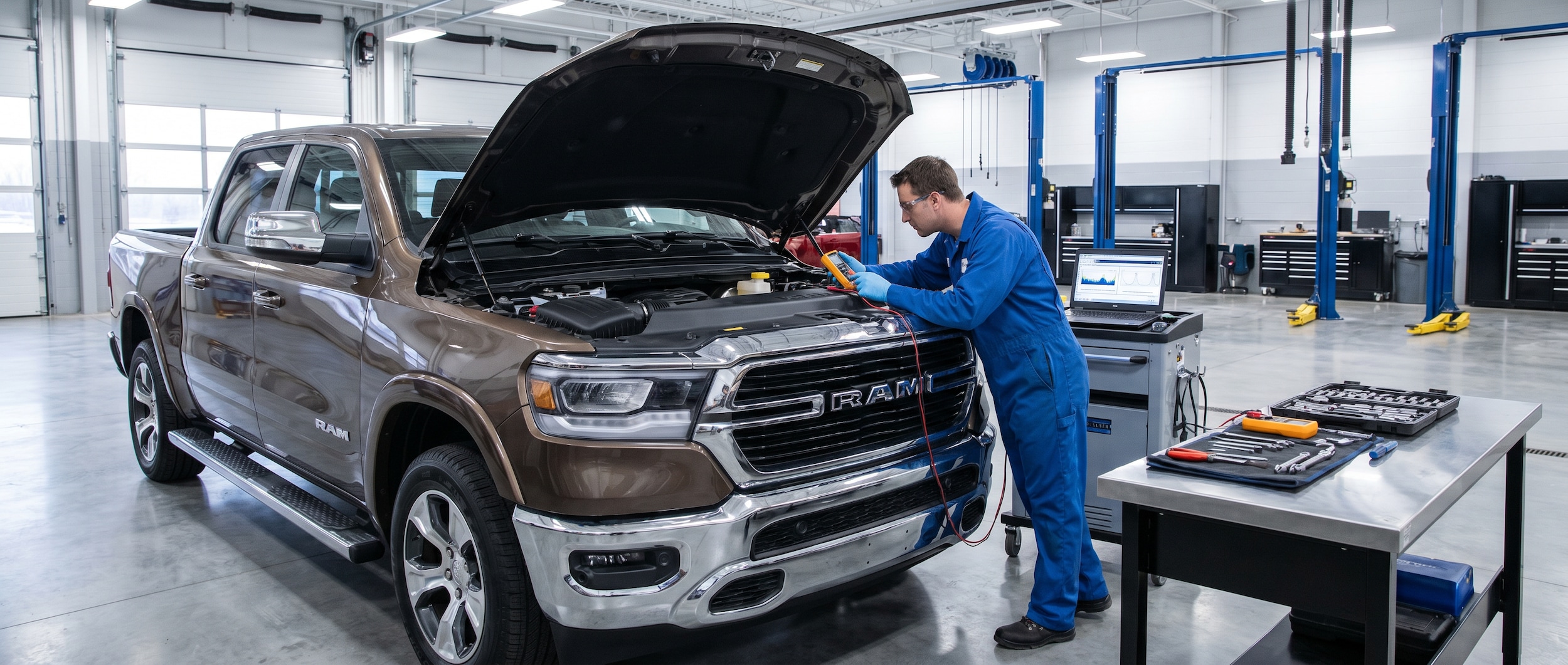 Certified service technician performing warranty maintenance on Ram truck in Panama City, FL