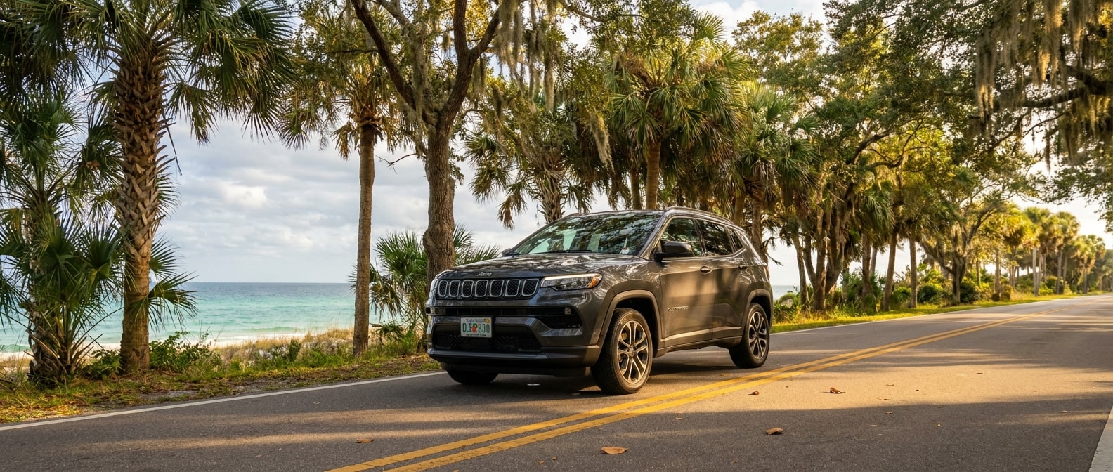 2026 Jeep Compass on a Florida Panhandle coastal road in fall driving conditions