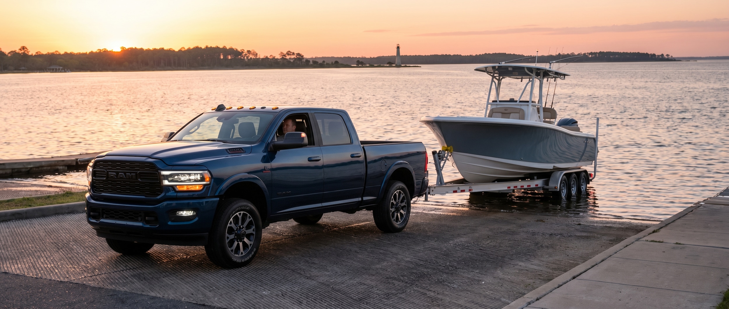 Ram 2500 towing boat at St. Andrews Bay boat launch in Panama City, FL