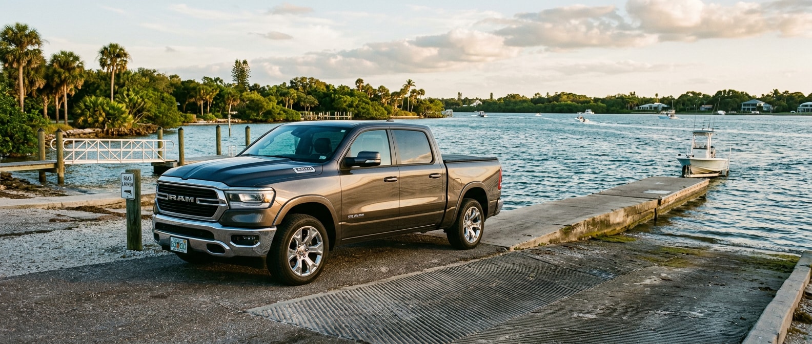 2022 Ram 1500 Big Horn parked near the Gulf Coast in Panama City, FL after summer