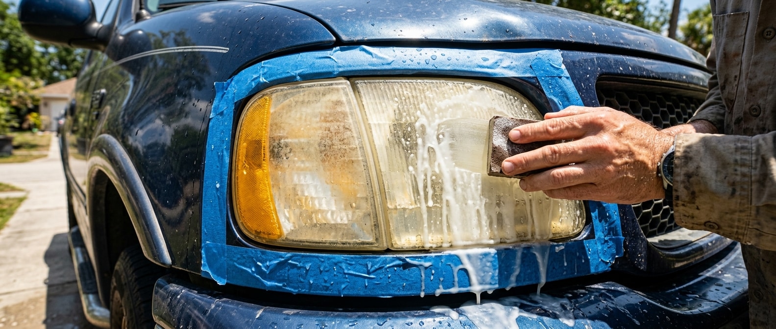 Truck headlight restoration wet-sanding process with painter's tape protecting surrounding paint panel on a Florida vehicle