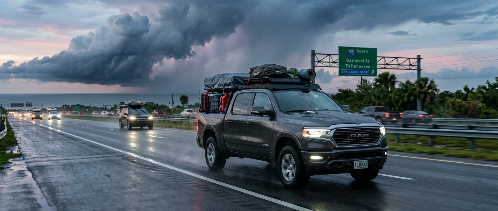 2026 Ram 1500 on Florida evacuation route with storm clouds approaching over the Gulf Coast