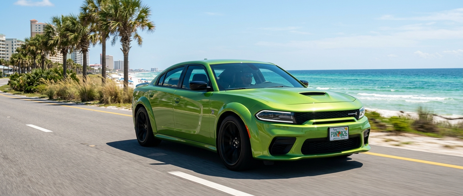 2026 Dodge Charger Sixpack four-door parked on a Gulf Coast highway near Panama City, Florida